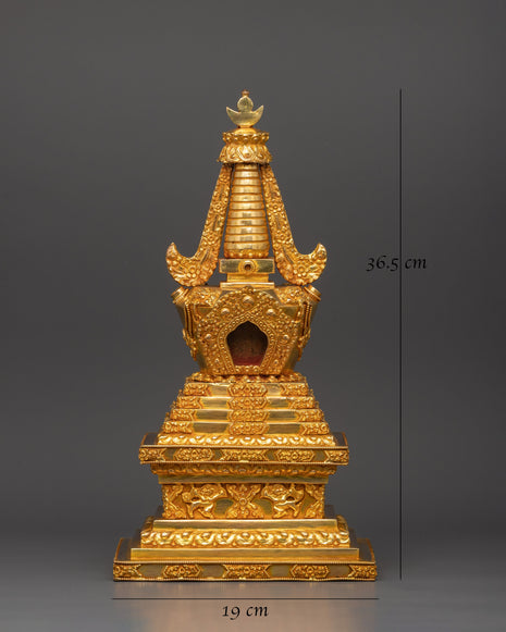 Stupa Sacred Tibetan Altar Decor | Handcrafted Gold Plated Copper Stupa