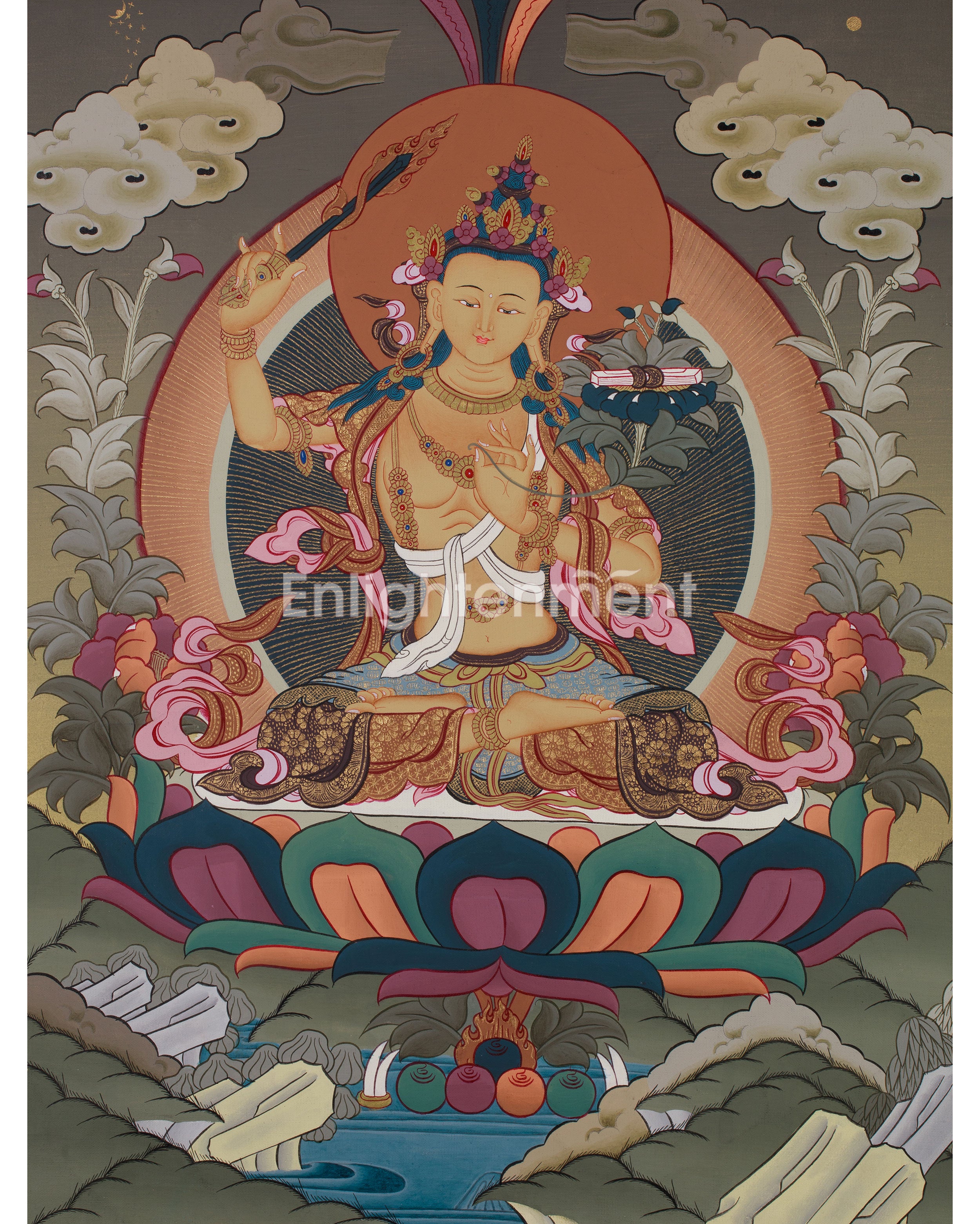 Manjushri Thanka | Tibetan Bodhisattva with Flaming Sword of Wisdom