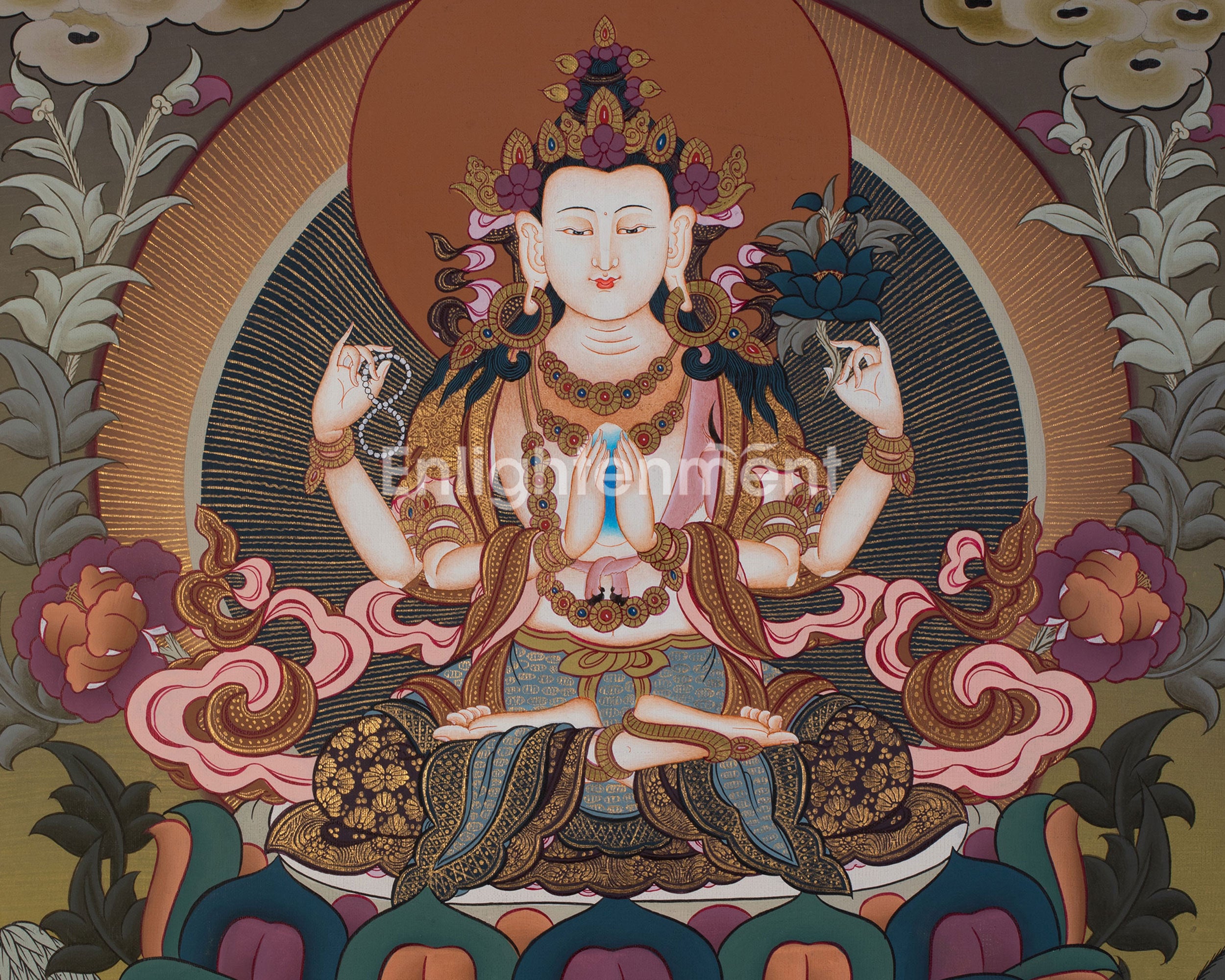 Four-Armed Compassionate Chenrezig Thangka | Hand-Painted Compassion Deity Art
