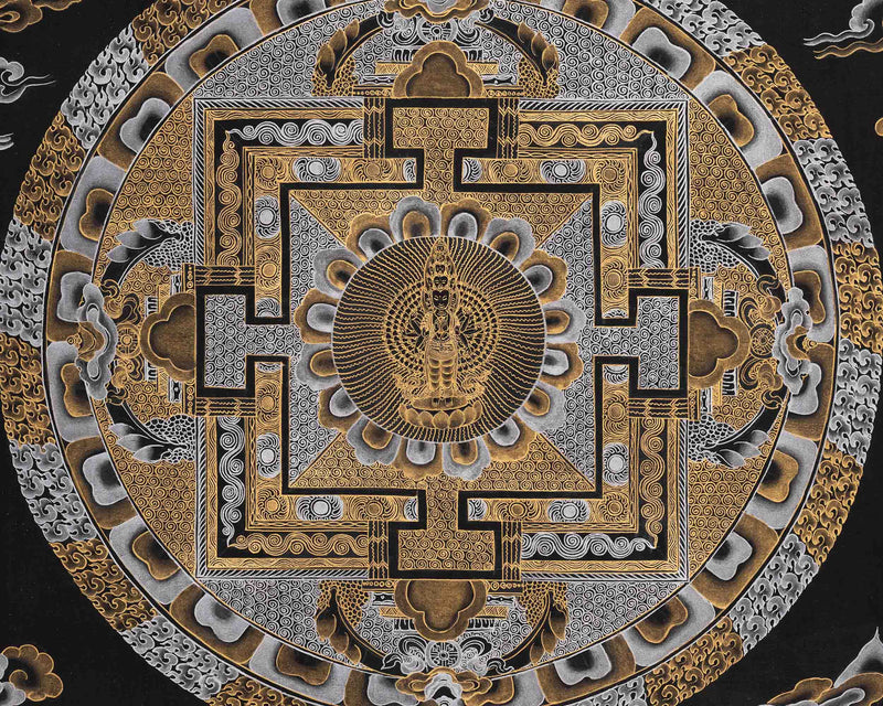 Black and Gold Lokeshvara Mandala Thangka | Mandala Painting For Home Decor