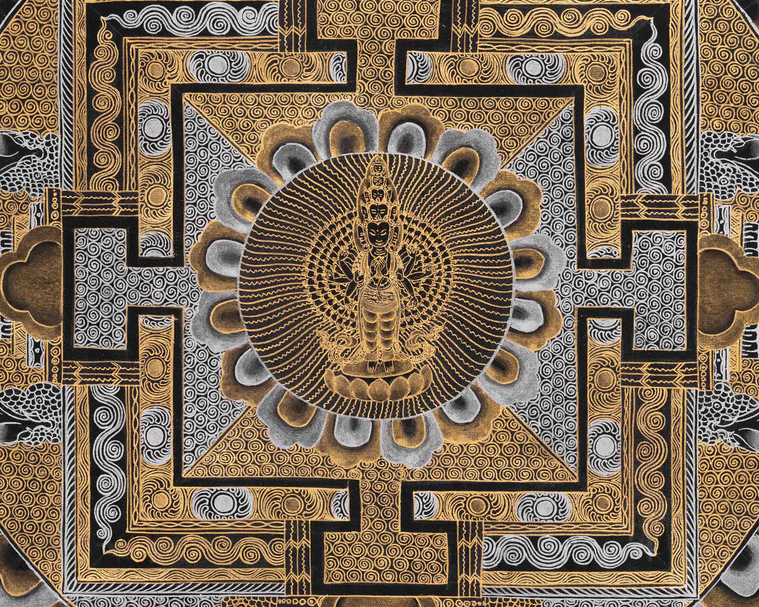 Black and Gold Lokeshvara Mandala Thangka | Mandala Painting For Home Decor