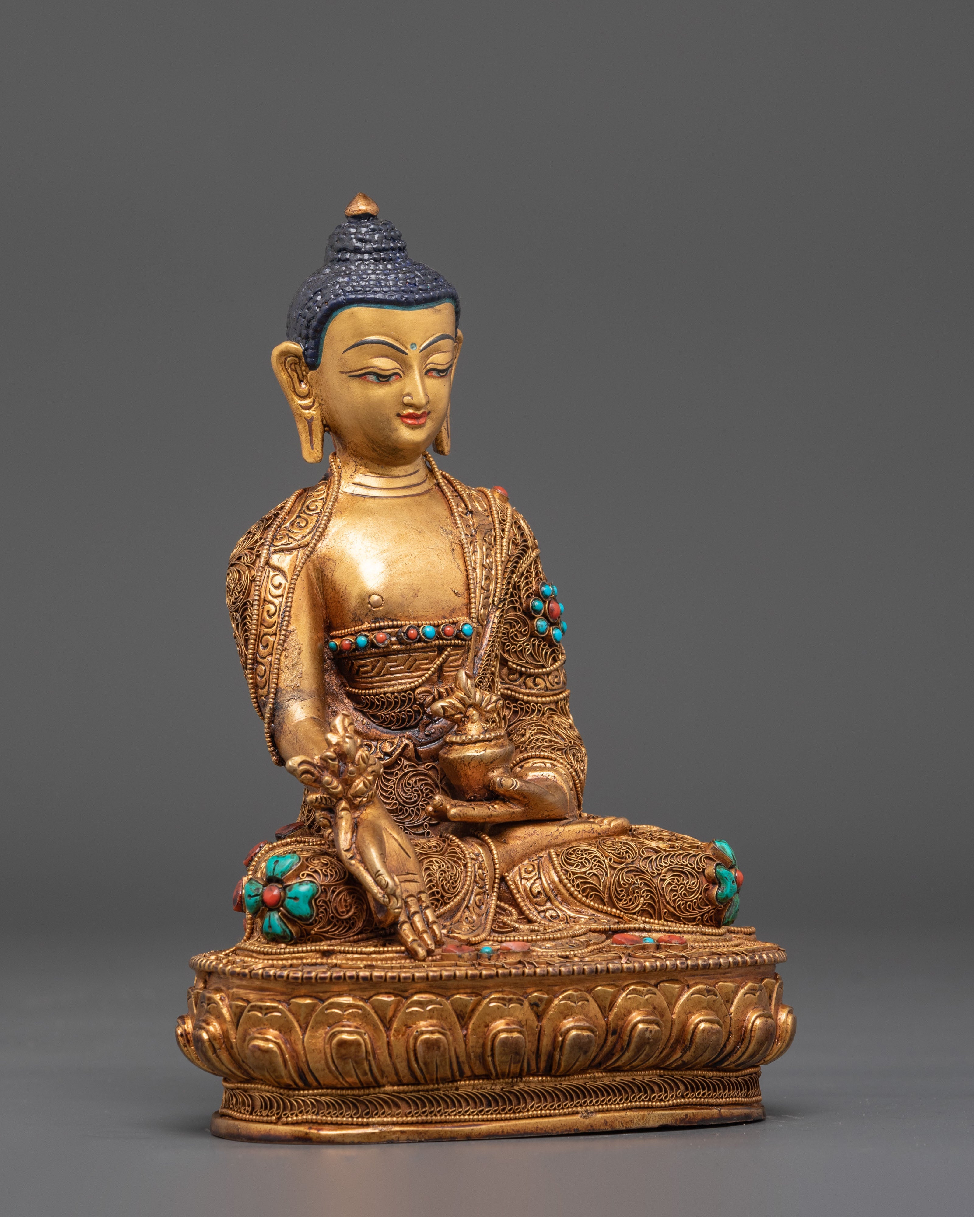 Spiritual Healing Buddha Bhaiṣajyaguru Statue | Gold Plated Copper Sculpture