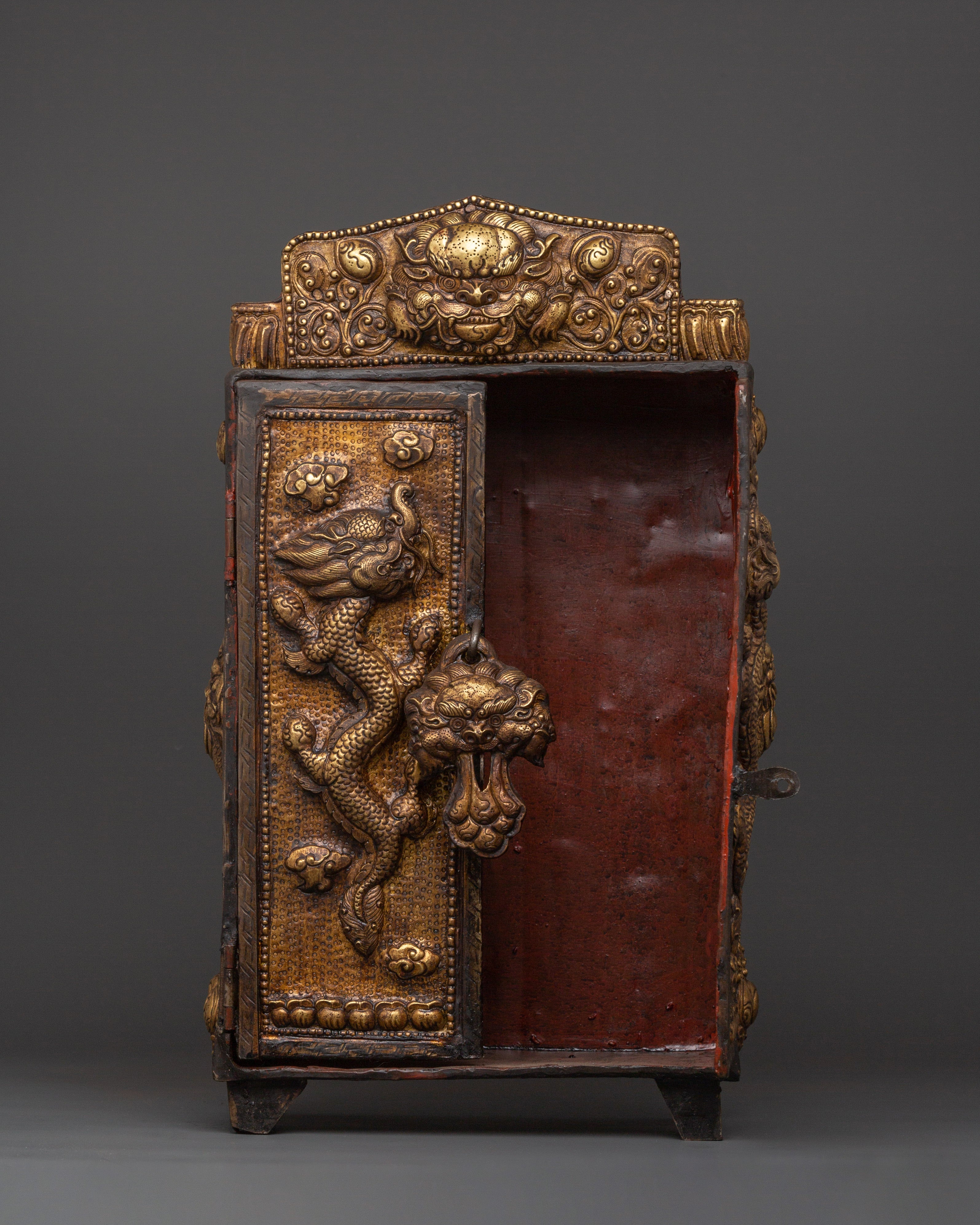 Large Tibetan Ghau Box | Brass & Iron Buddhist Altar Shrine