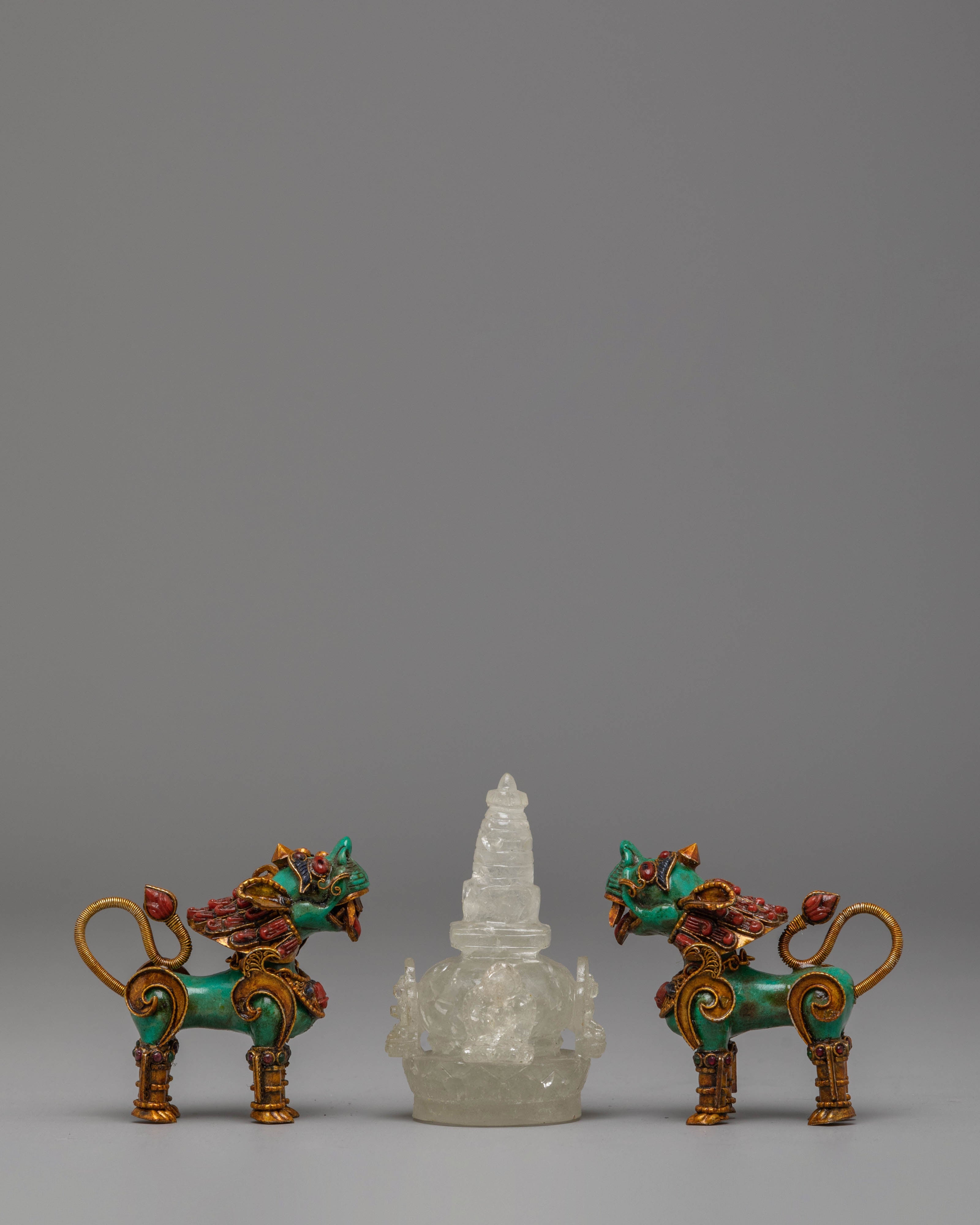Himalayan Crystal Stupa and Guardian Lion Set | Electro Gold-Plated Tibetan Art