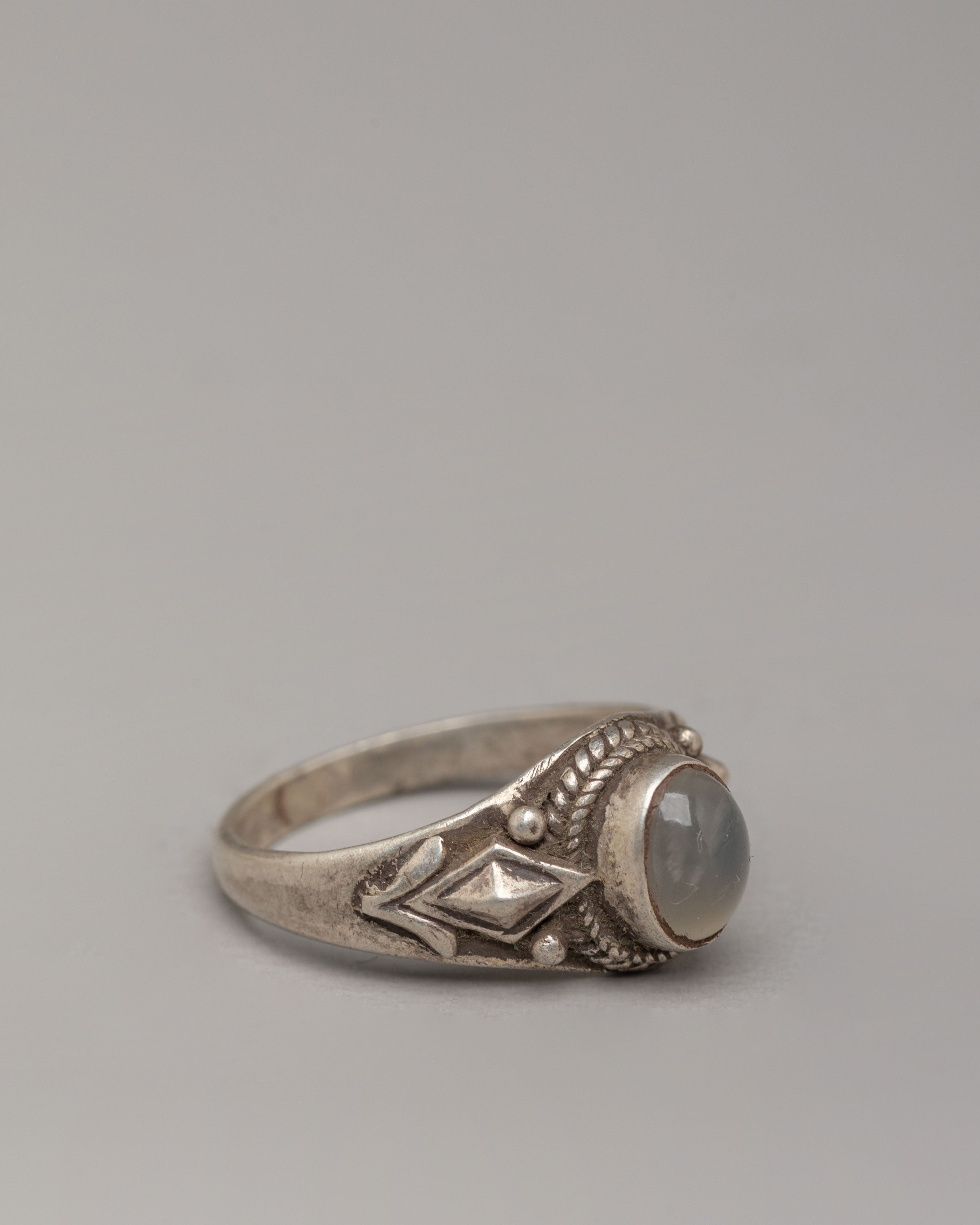 Spiritual Stone Ring | Natural Zircon Silver Ring with Ornamental Details