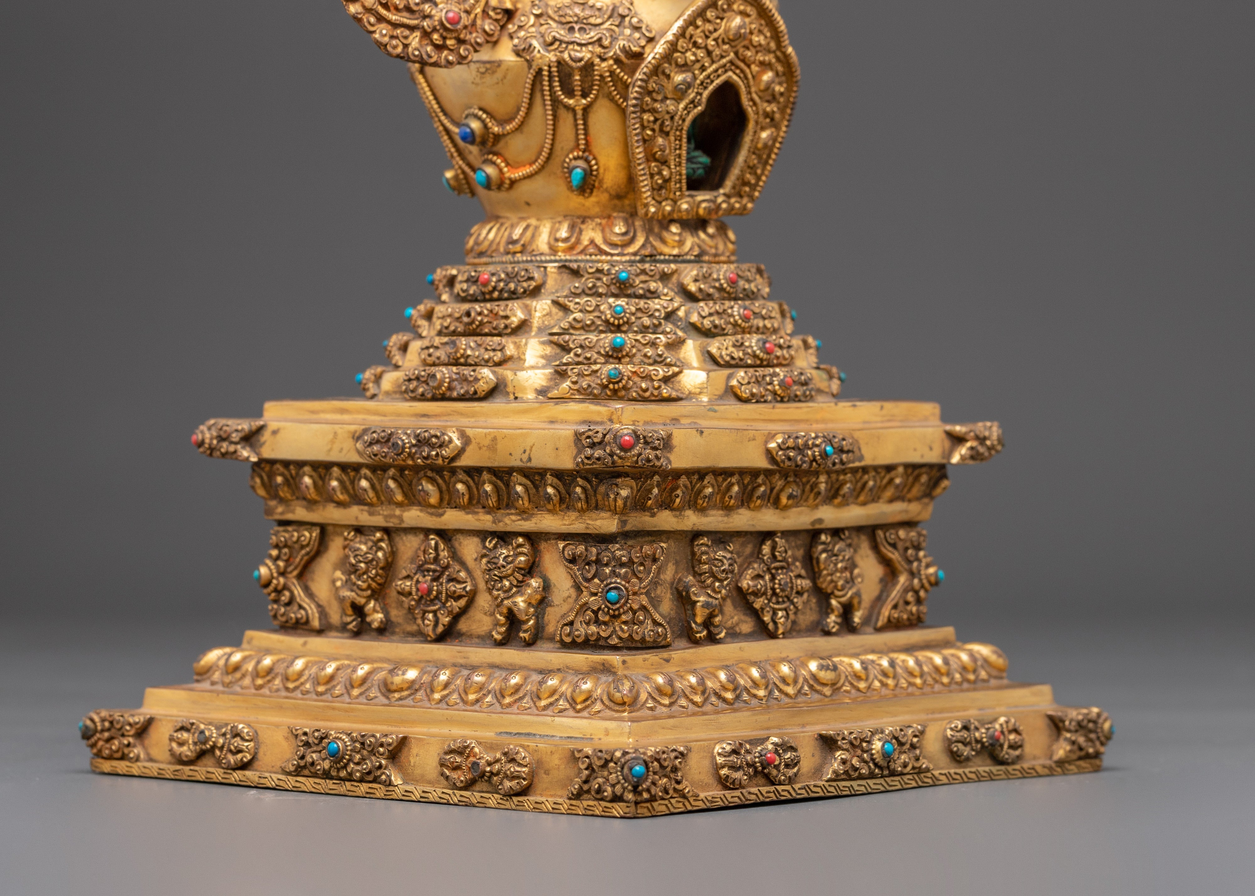 Sacred Stupa Containing Amitābha Buddha | Gold Plated Copper with Turquoise Inlay