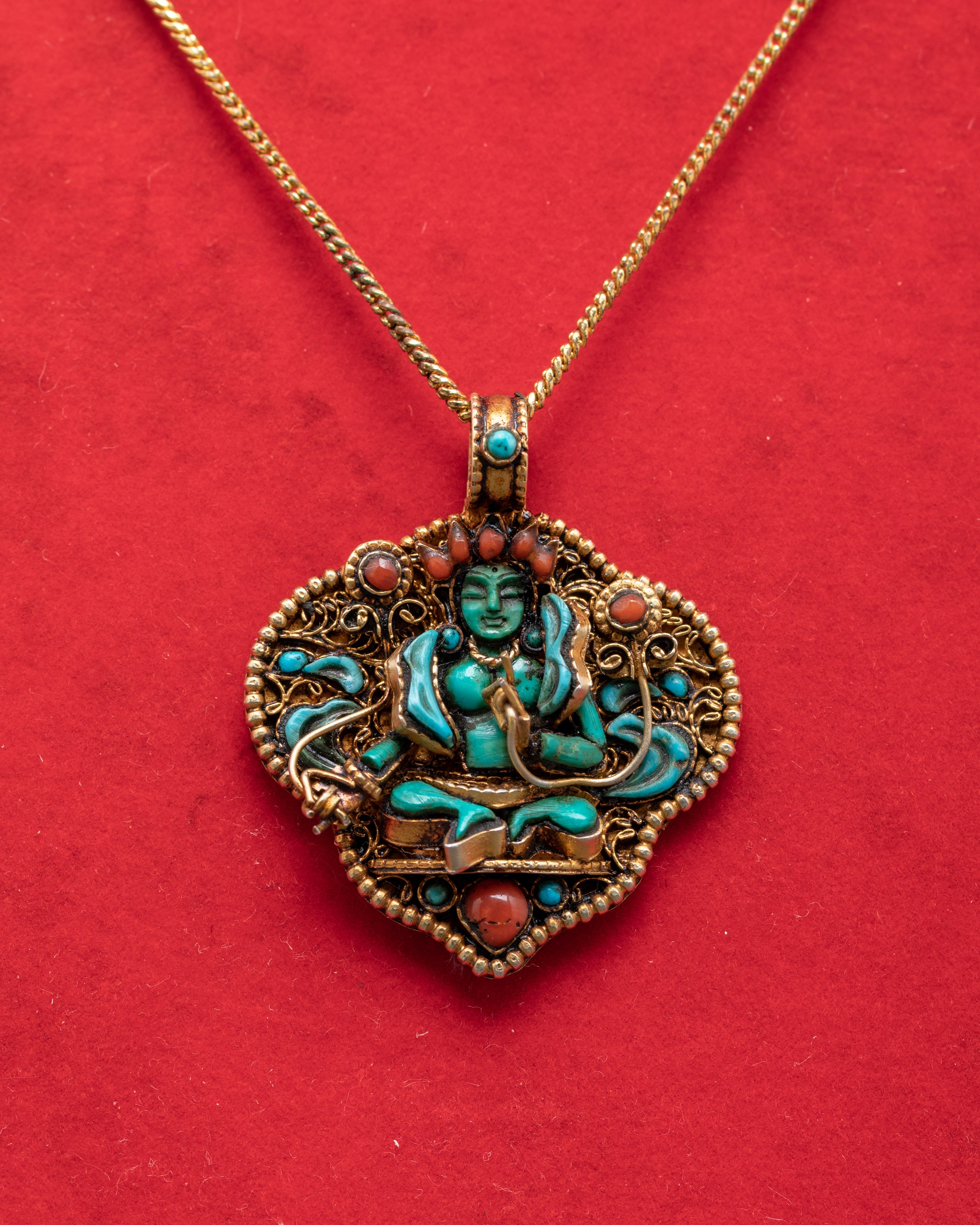 Handmade Turquoise Green Tara Locket | Unique Silver and Gold Pendant