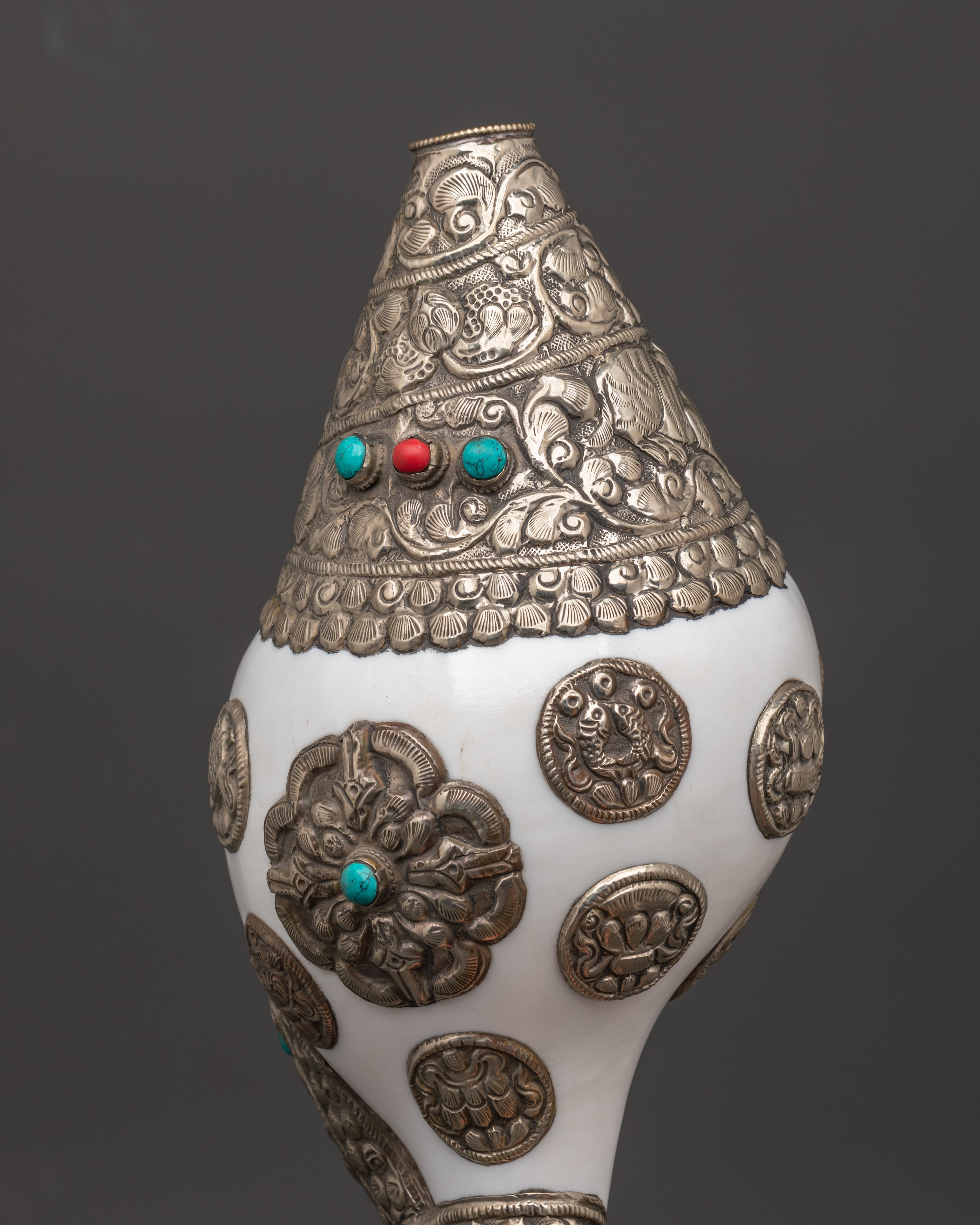 Handcrafted Puja Conch Shell | Tibetan Shankha with Brass and Turquoise Stone