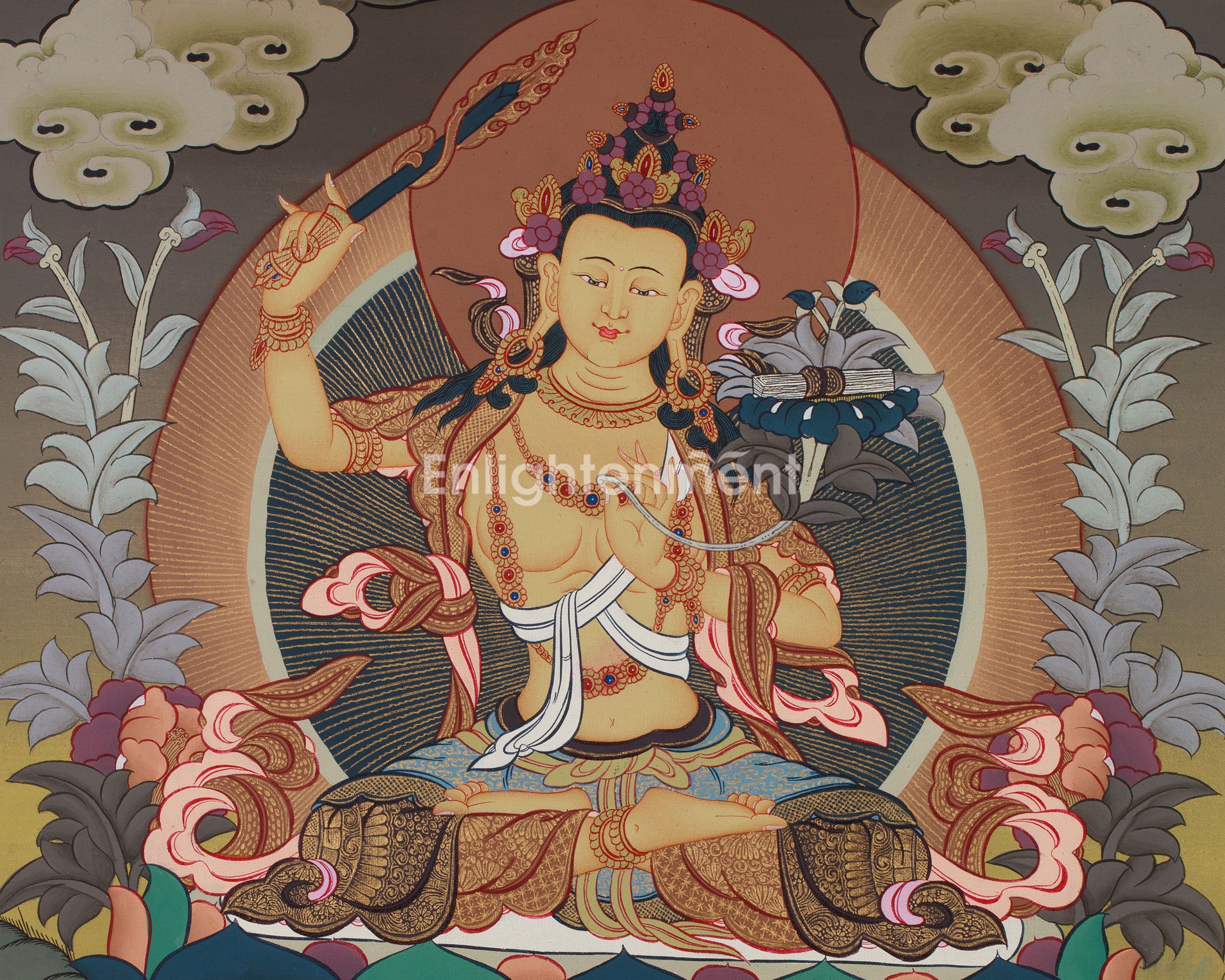 Manjushri Thanka | Tibetan Bodhisattva with Flaming Sword of Wisdom