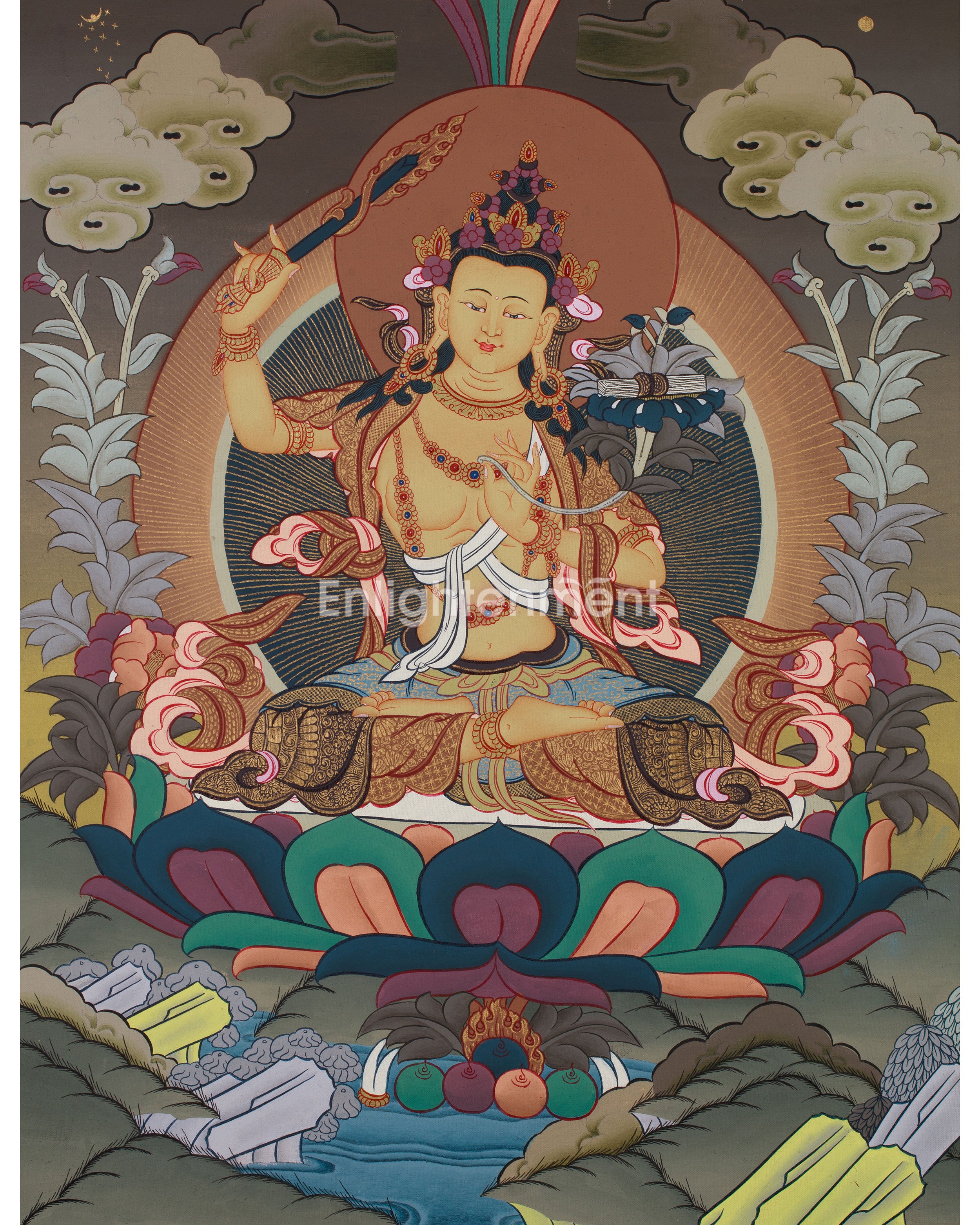 Manjushri Thanka | Tibetan Bodhisattva with Flaming Sword of Wisdom