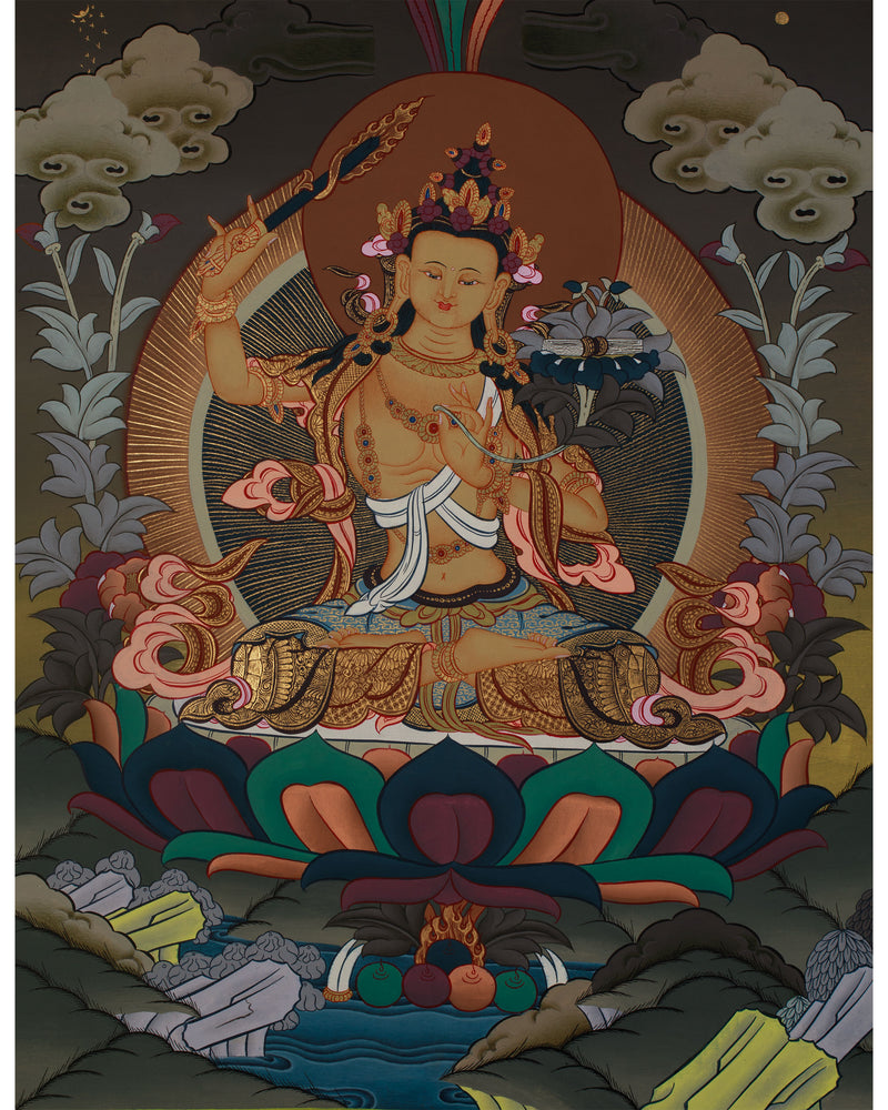 Manjushri Thanka | Tibetan Bodhisattva with Flaming Sword of Wisdom