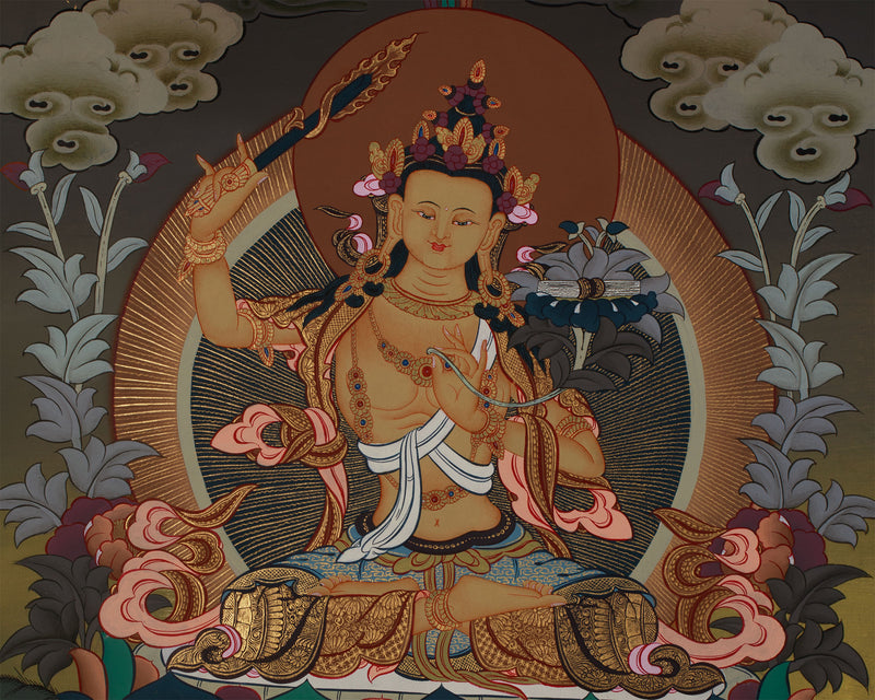 Manjushri Thanka | Tibetan Bodhisattva with Flaming Sword of Wisdom