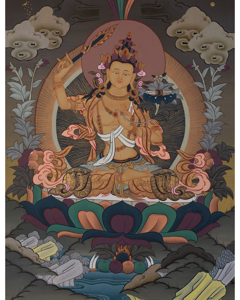 Manjushri Thanka | Tibetan Bodhisattva with Flaming Sword of Wisdom