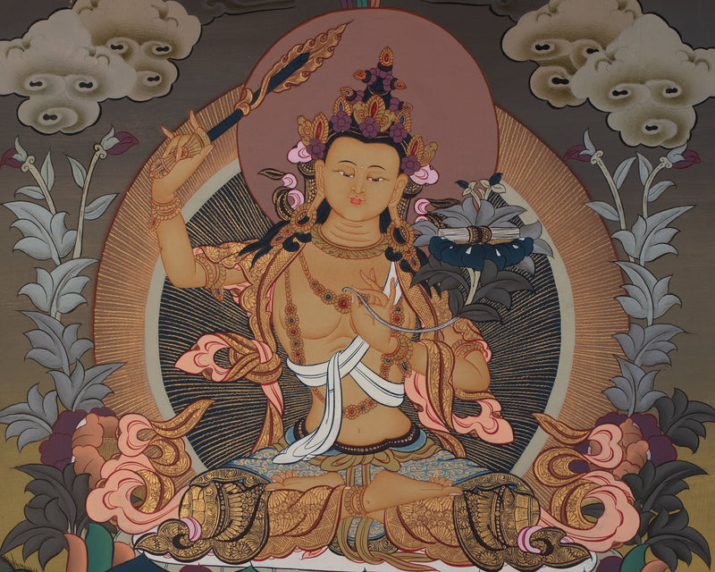 Manjushri Thanka | Tibetan Bodhisattva with Flaming Sword of Wisdom