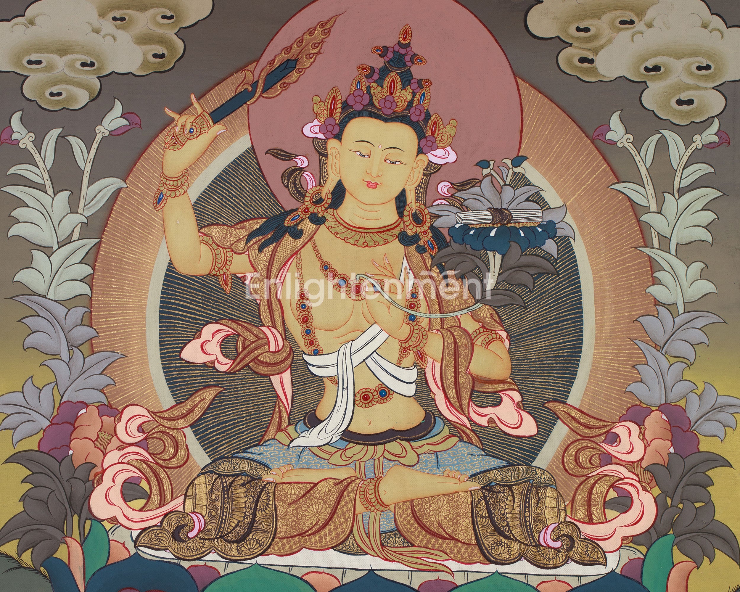 Manjushri Thanka | Tibetan Bodhisattva with Flaming Sword of Wisdom