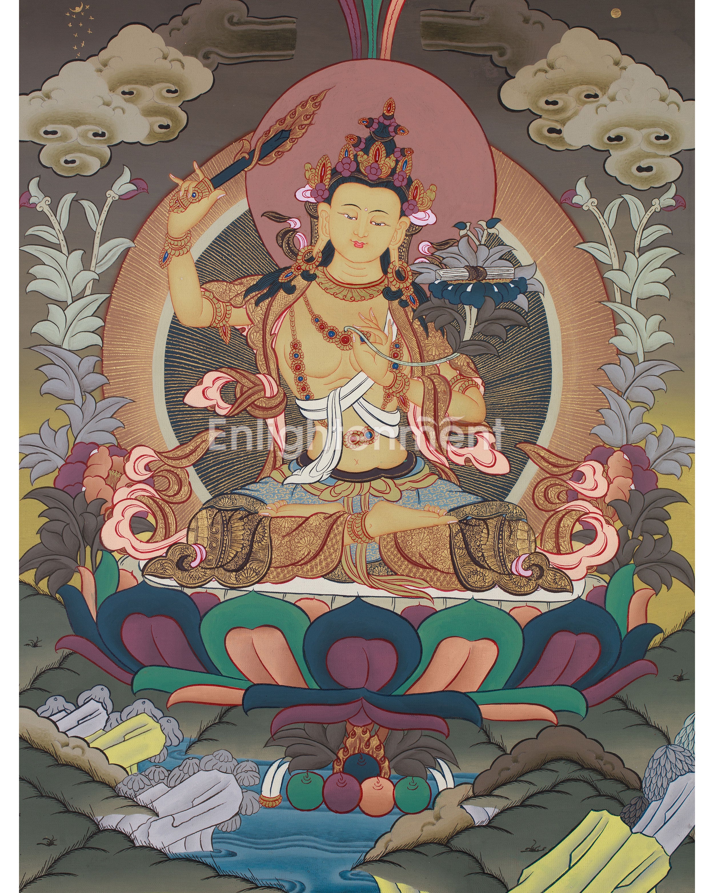 Manjushri Thanka | Tibetan Bodhisattva with Flaming Sword of Wisdom
