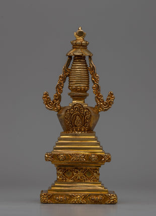 Religious Décor Gold-Plated Stupa | Sacred Altar Piece with Floral Patterns