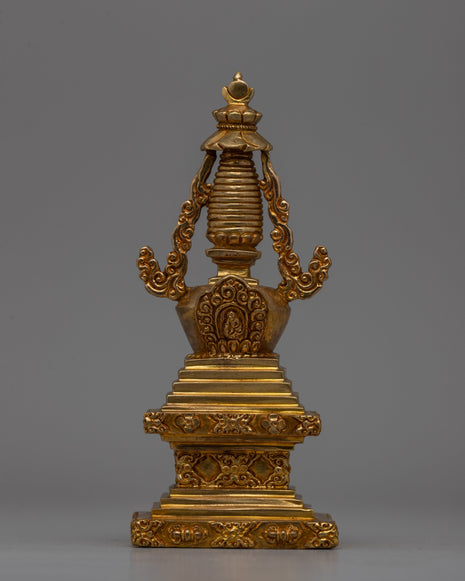 Religious Décor Gold-Plated Stupa | Sacred Altar Piece with Floral Patterns