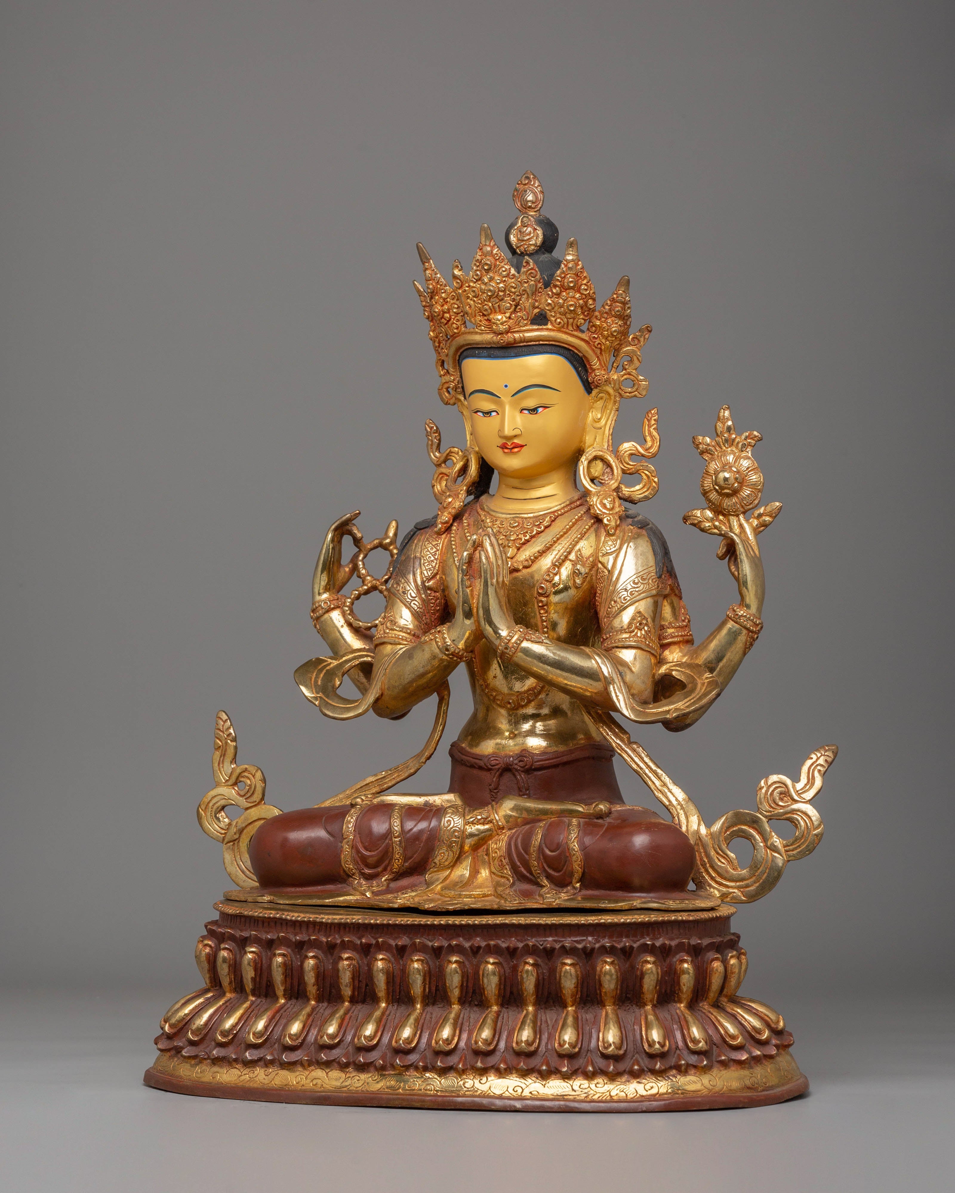Handcrafted Chenrezig Golden Statue | Tibetan Buddhist Deity