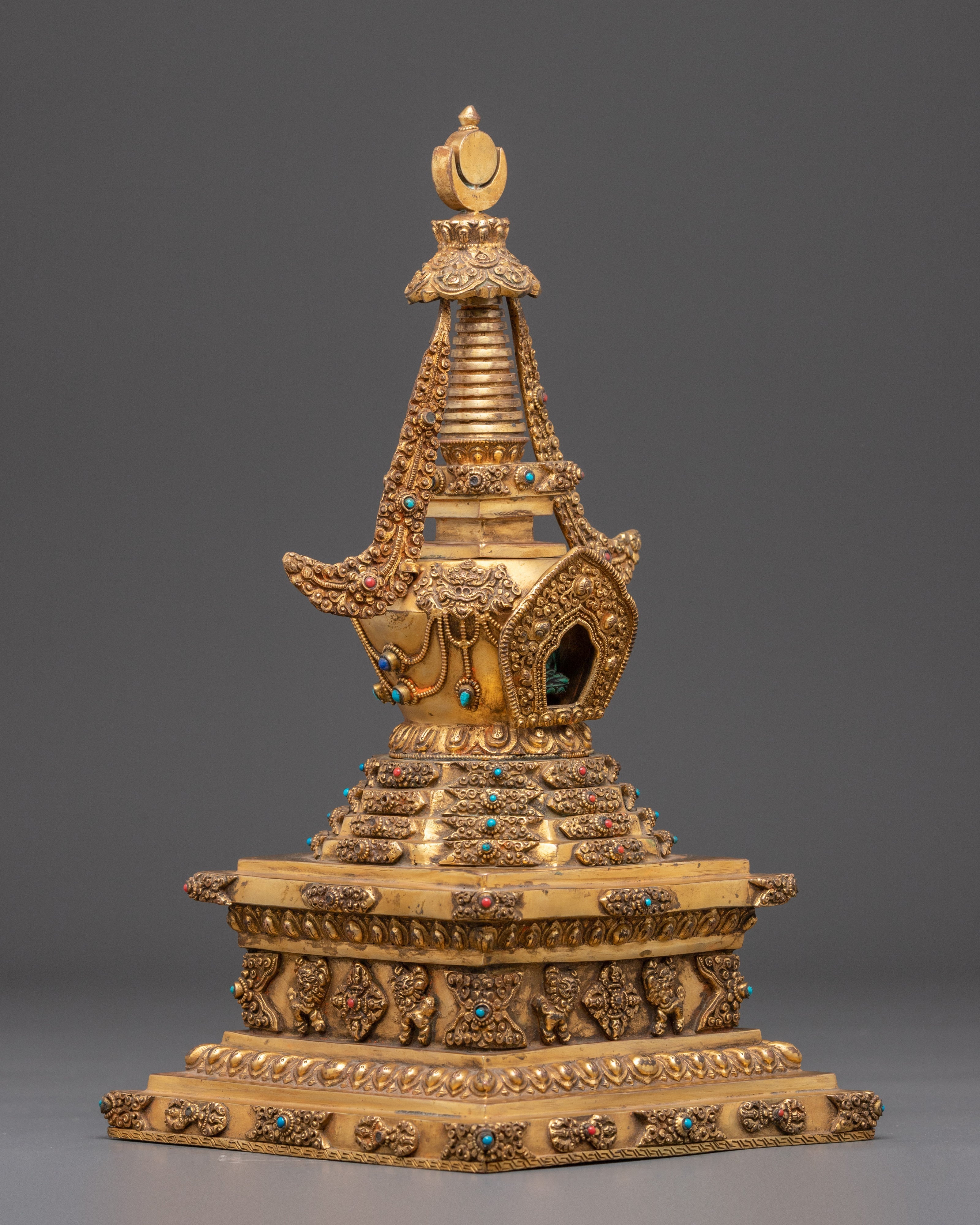 Sacred Stupa Containing Amitābha Buddha | Gold Plated Copper with Turquoise Inlay
