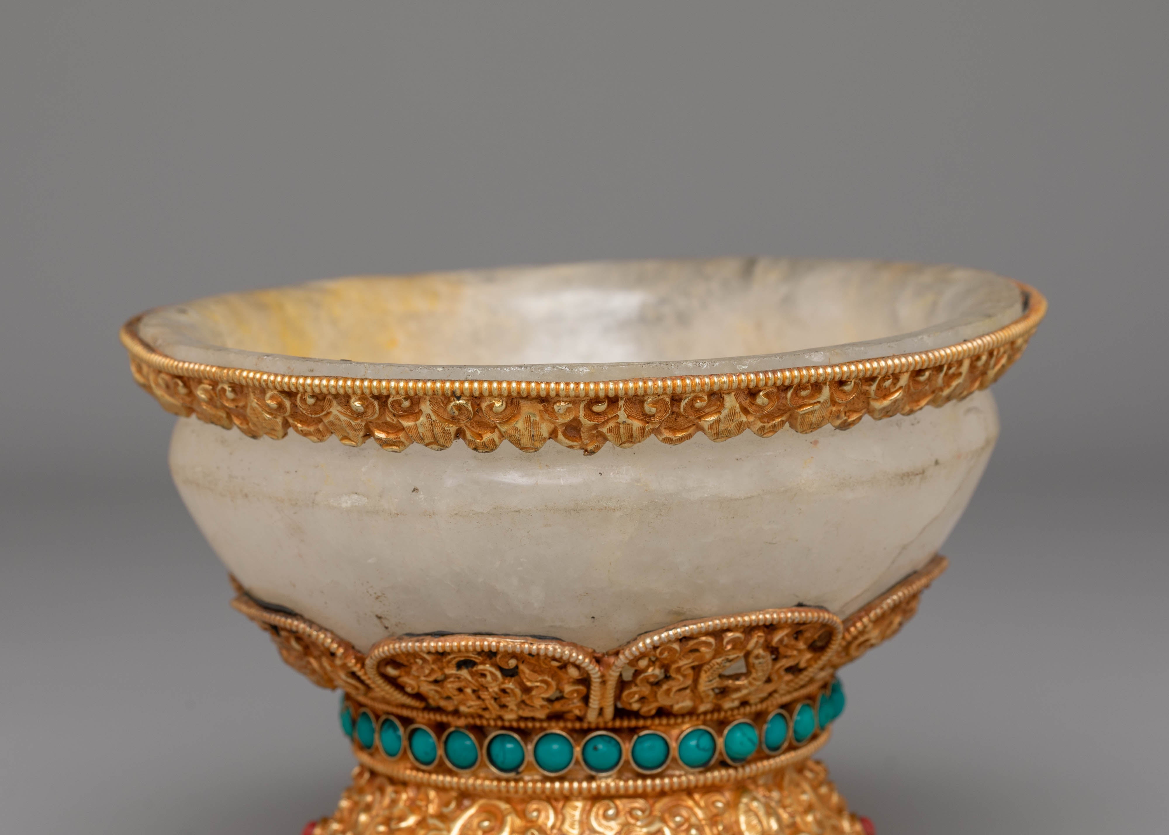 Sacred Tibetan Handcrafted Rice Pot | Electro Gold-Plated with Coral & Turquoise