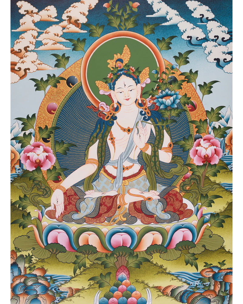 Mother Goddess Tara Thangka | Hand-Painted White Tara Artwork