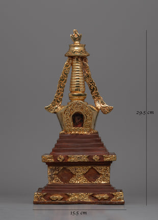 Discover a handcrafted Buddhist Stupa with gold-plated copper and bronze | Tibetan Shrine Artifact for Spiritual Rituals