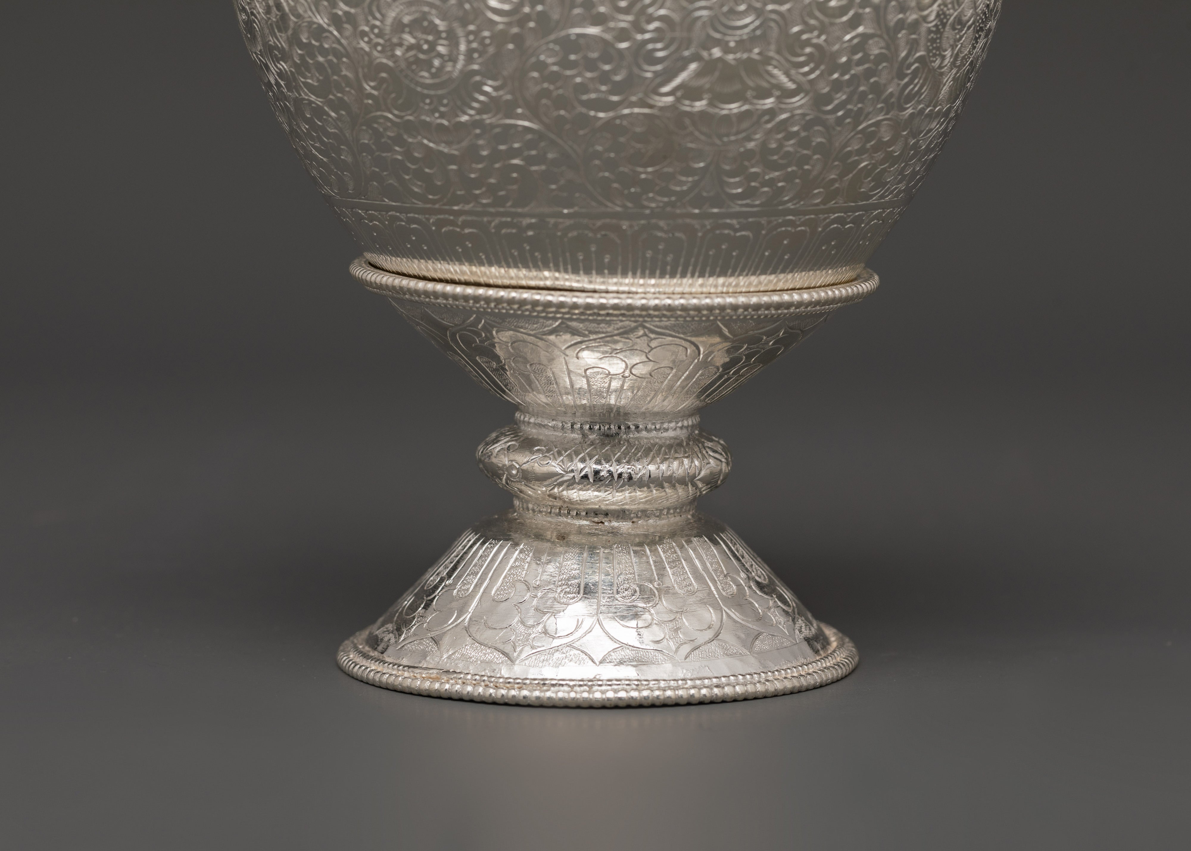 Tibetan Pure Silver Golpa Rice Pot with Stand | Sacred Offering Vessel