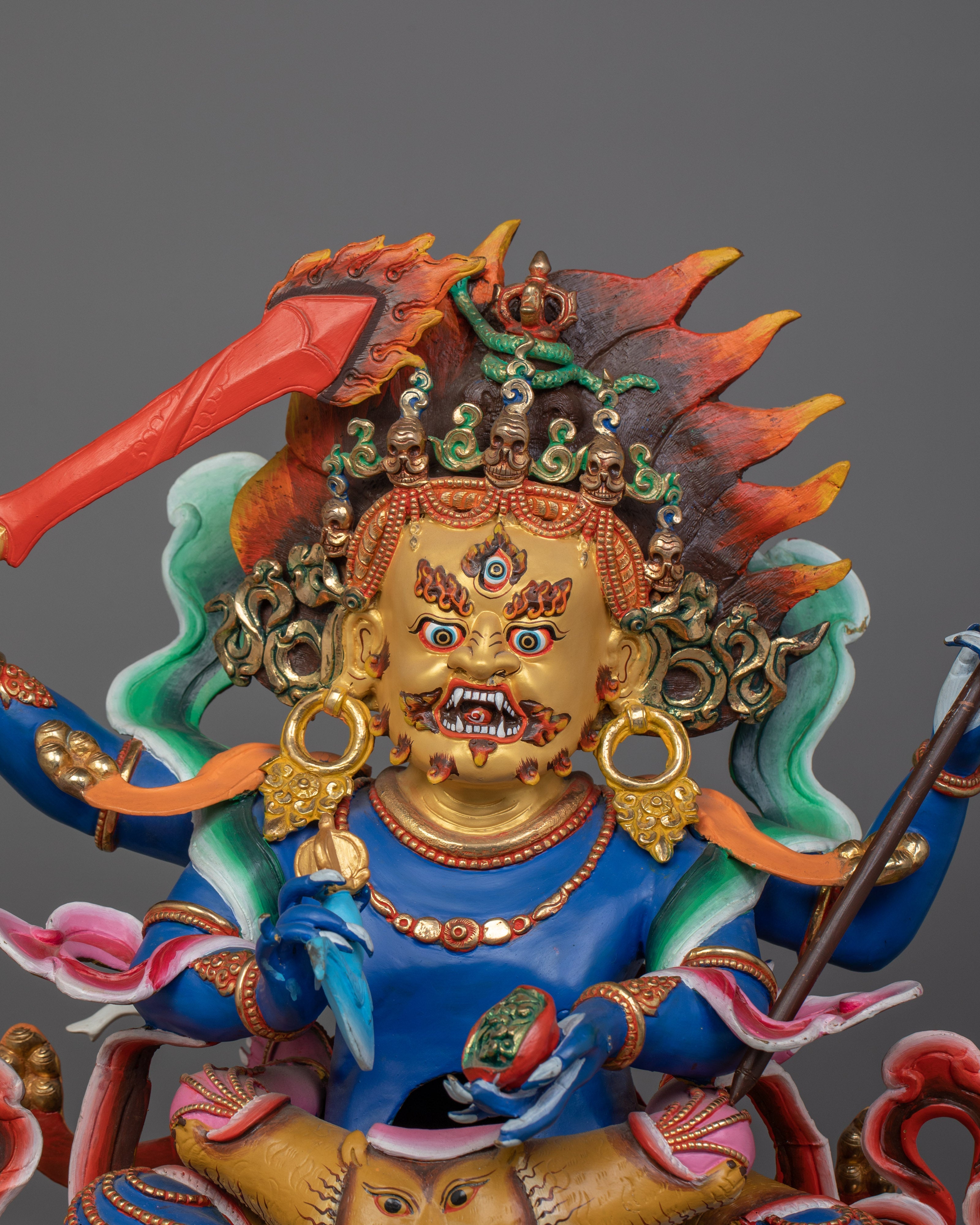 Four-Armed Mahakala Statue for Shrine | 24K Gold-Gilded Protector Deity