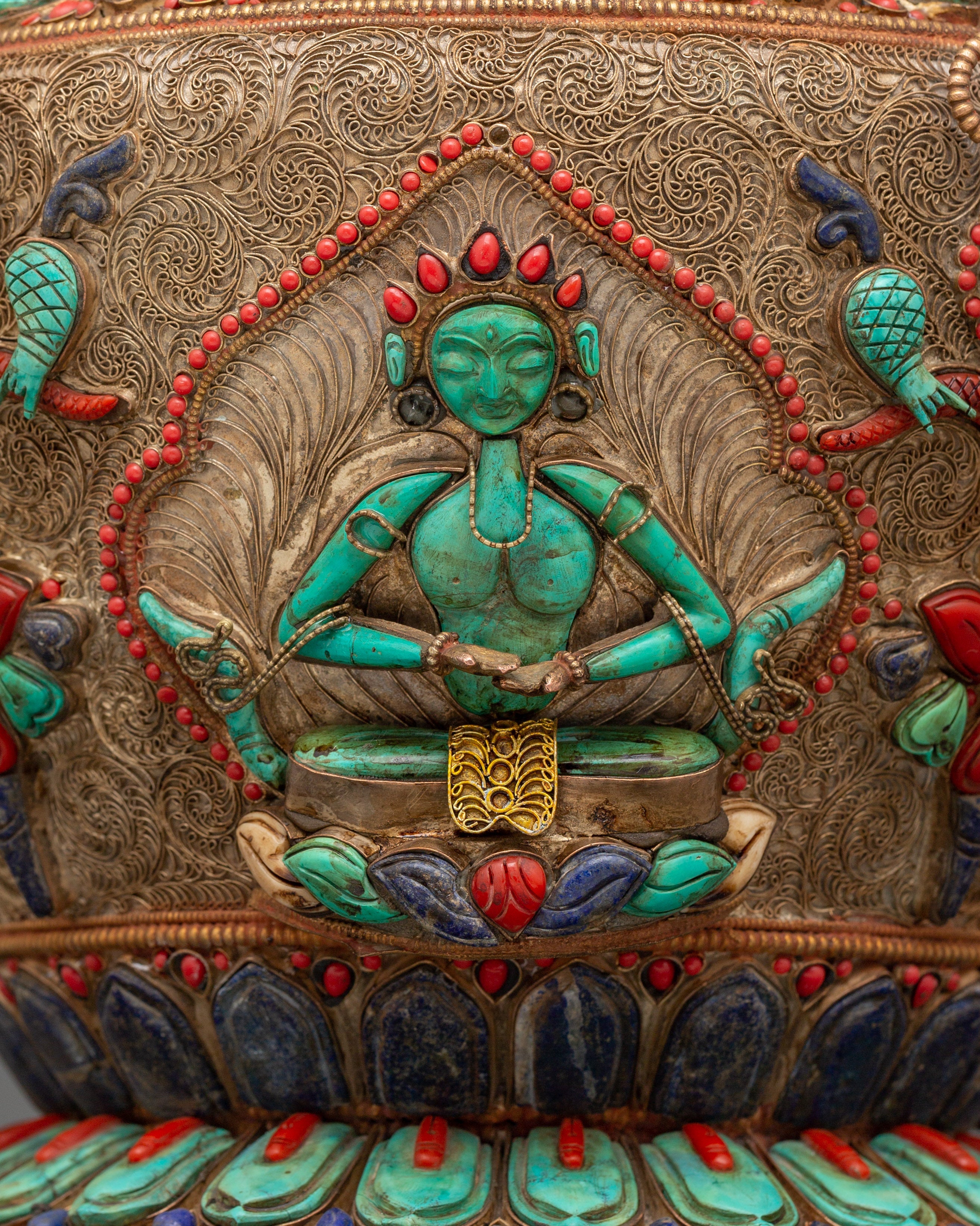 Tibetan Ritual Rice Pot with Coral | Buddhist Ritual and Altar Use