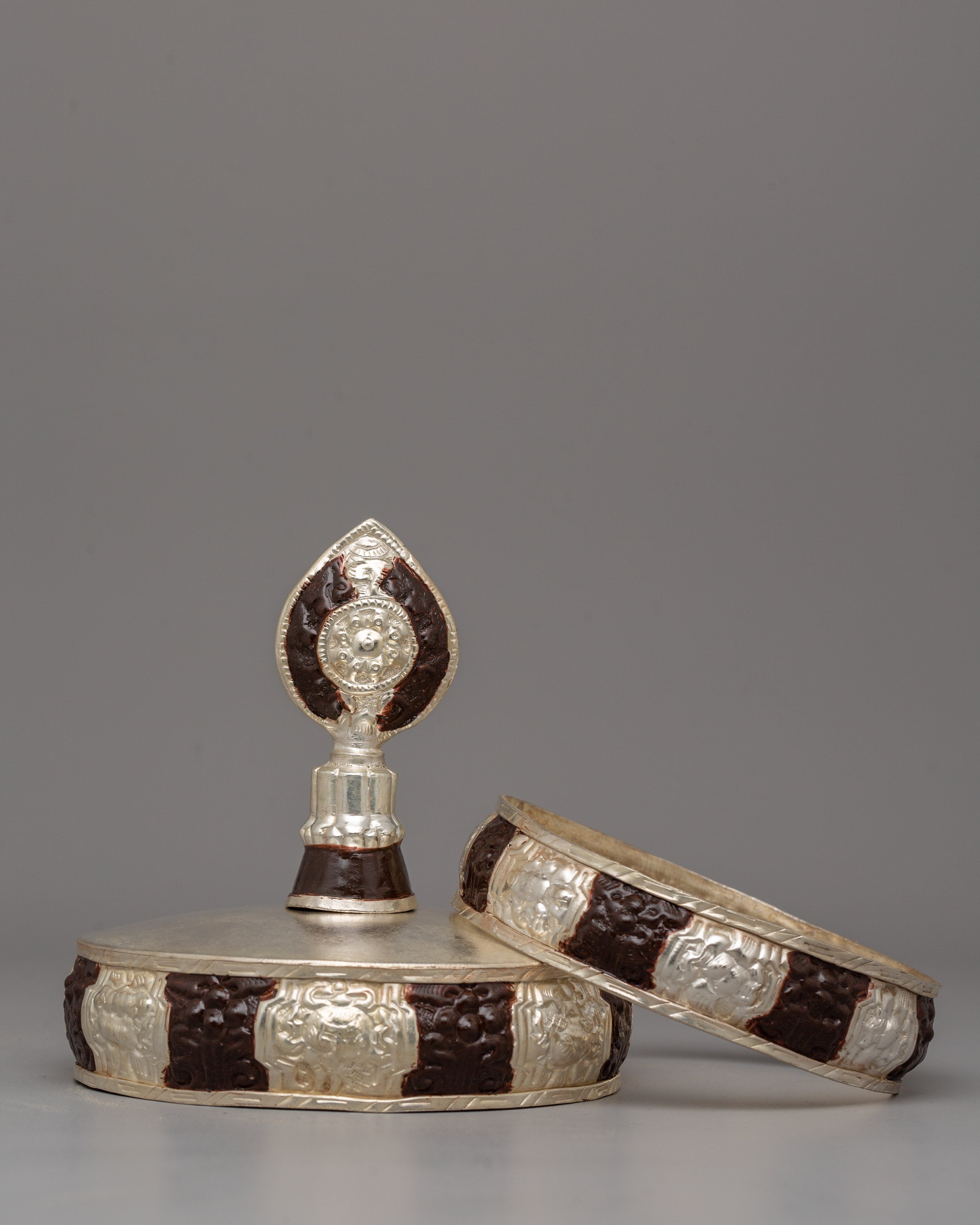 Handmade Tibetan Mandala Offering Set | Copper Body with Silver Plating and Acrylic Detailing