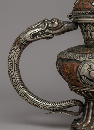 Religious Tibetan Tea Pot | A Sacred Silver-Plated Offering Vessel