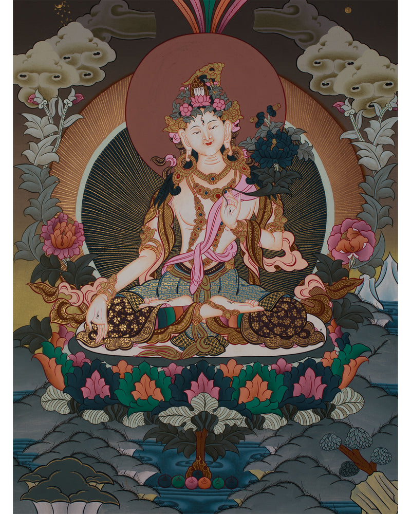 Original Hand-Painted White Tara Thangka Religious Art | Goddess of Healing