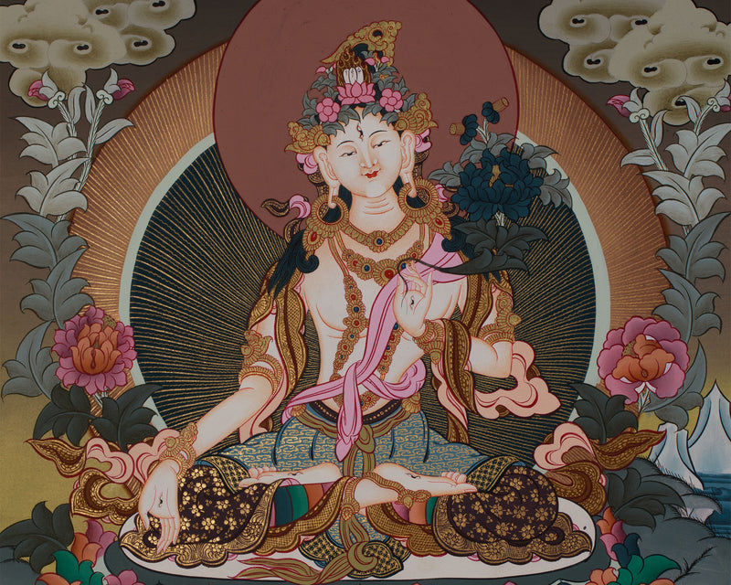 Original Hand-Painted White Tara Thangka Religious Art | Goddess of Healing