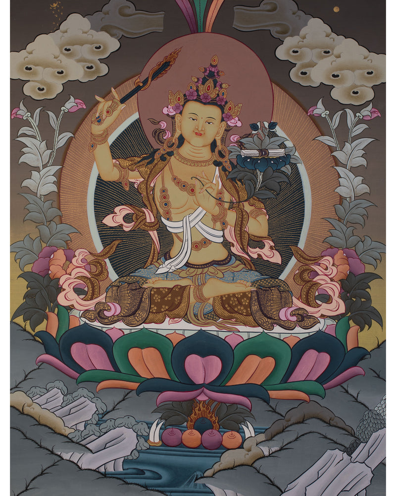 Manjushri Thanka | Tibetan Bodhisattva with Flaming Sword of Wisdom