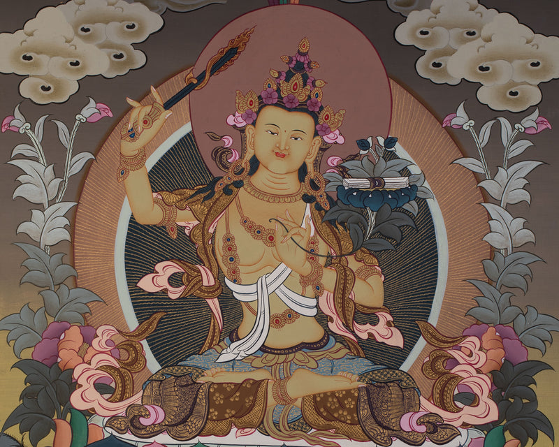 Manjushri Thanka | Tibetan Bodhisattva with Flaming Sword of Wisdom