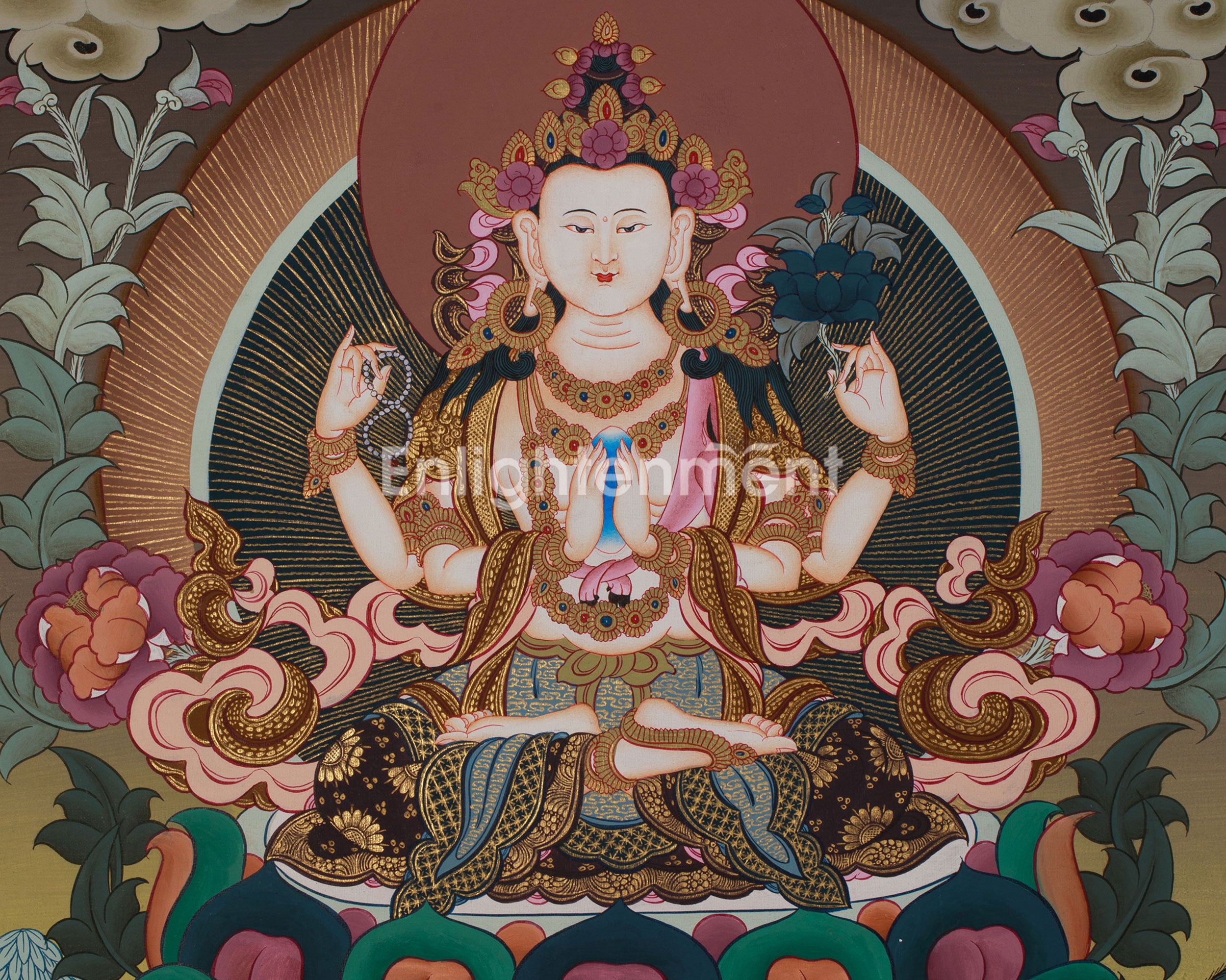 Four-Armed Compassionate Chenrezig Thangka | Hand-Painted Compassion Deity Art