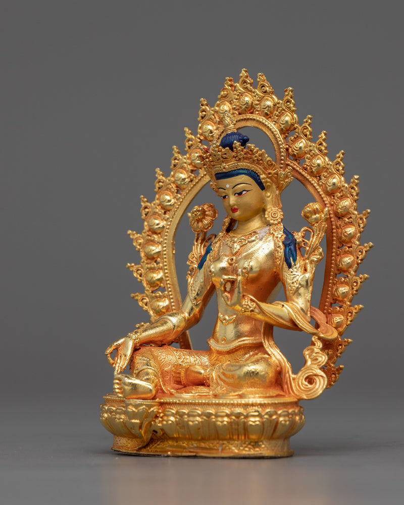 Elegant Female Bodhisattva Green Tara Statue | Electro Gold Gilded Statue