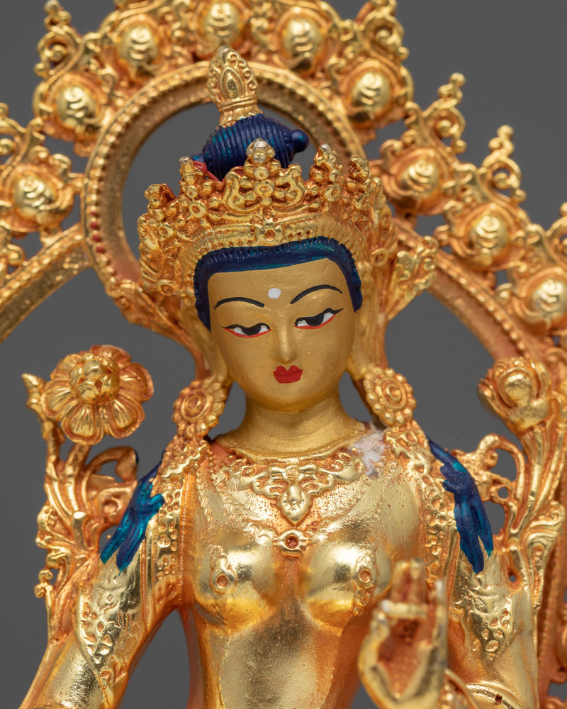 Elegant Female Bodhisattva Green Tara Statue | Electro Gold Gilded Statue