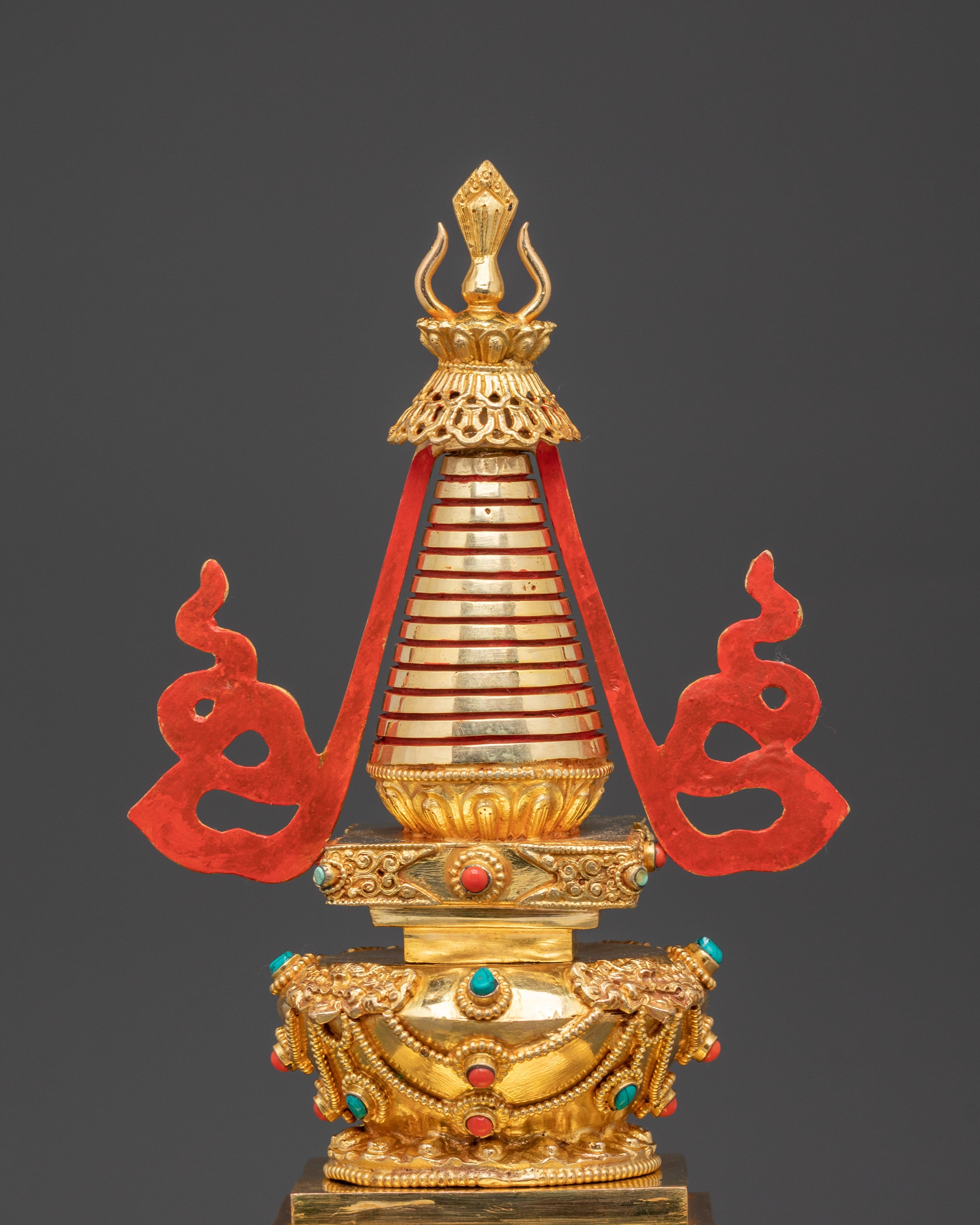 Gold Plated Buddhist Stupa for Rituals | Tibetan Copper Shrine