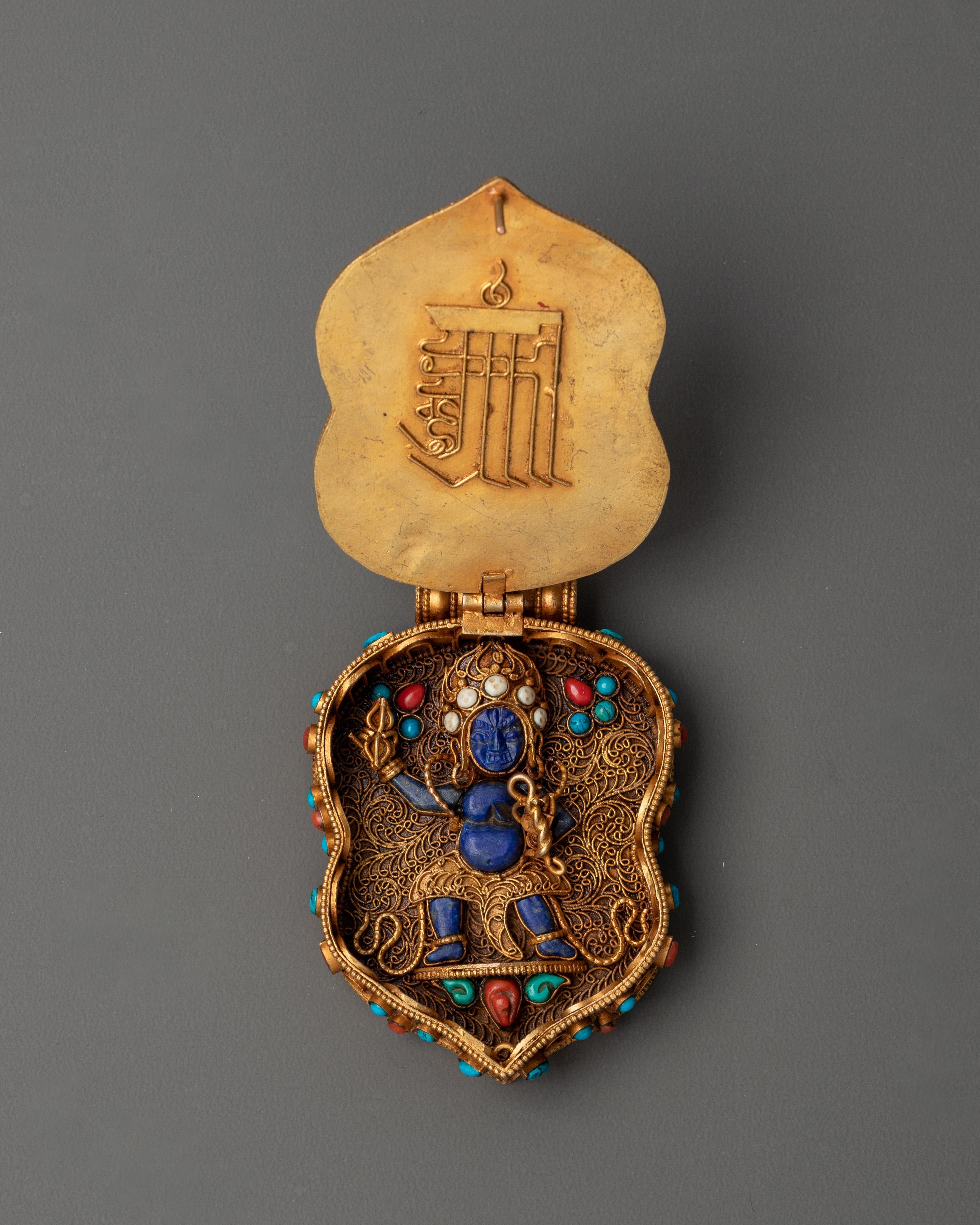 Lapis Lazuli Ghau Box Locket | Tibetan Gold Plated Amulet for Protection