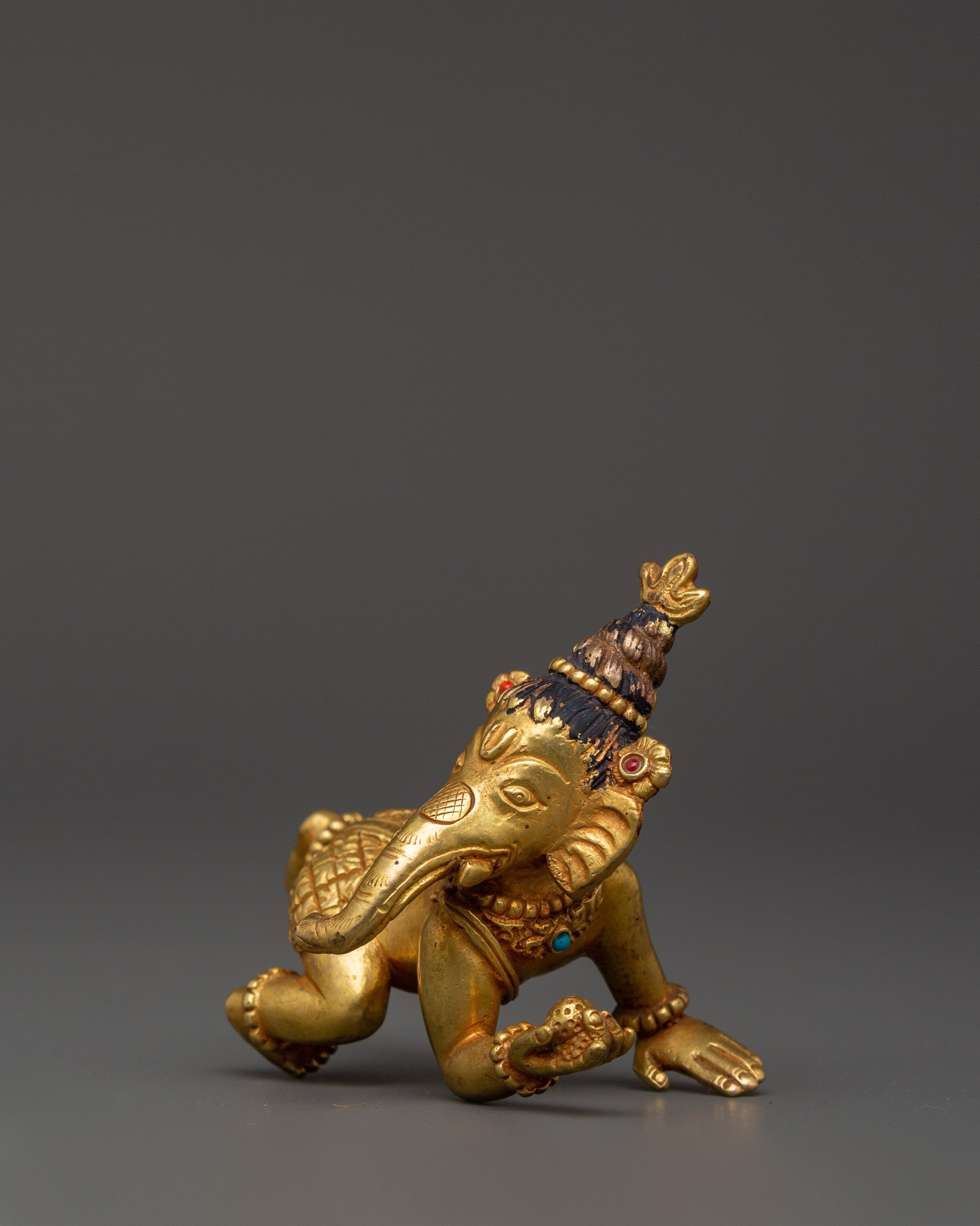 Ganesh Copper Gold-Plated Statue with Cora Stones | Hindu Ganesha Figurine