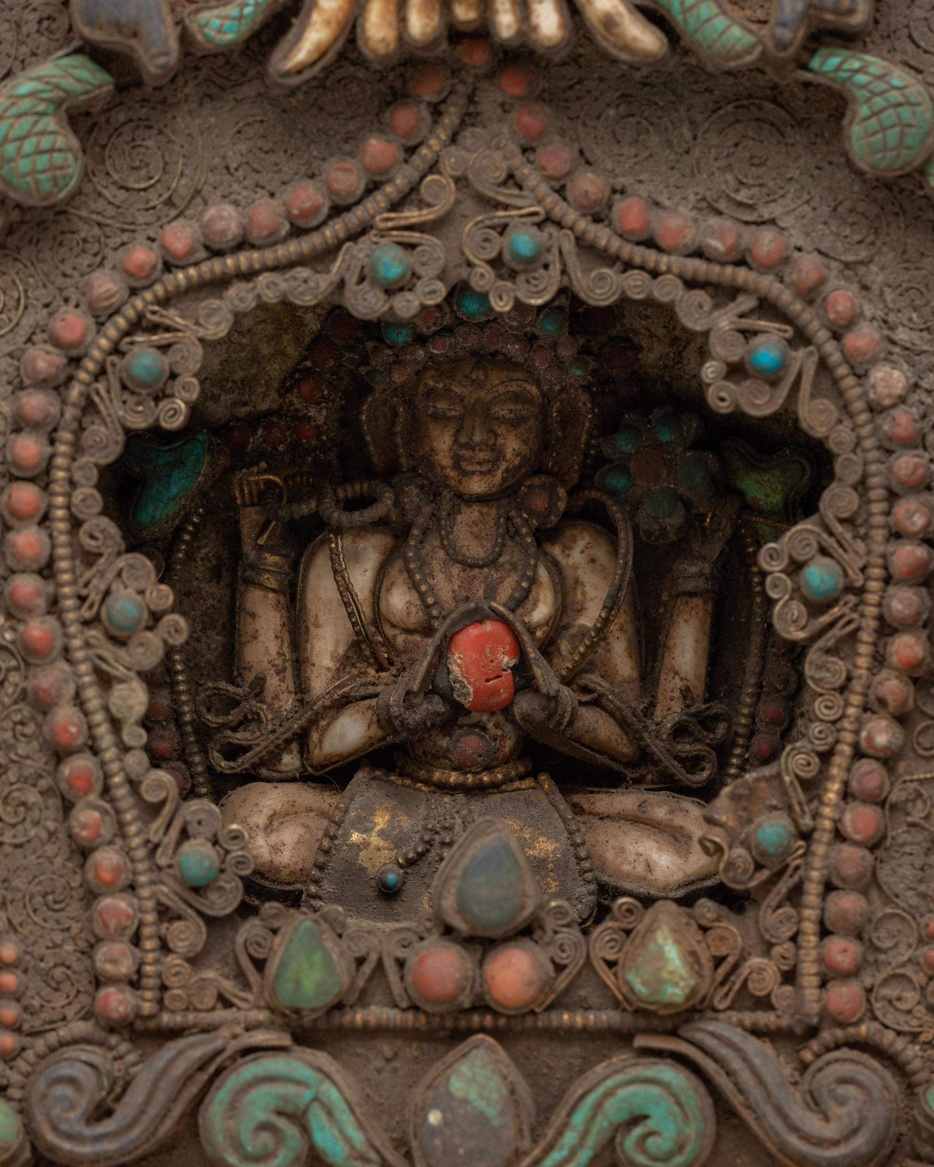 Chenrezig Ghau Box with Turquoise and Coral | Tibetan Amulet Box