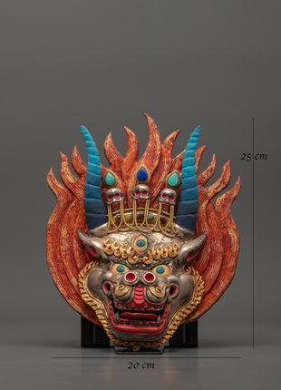 Yamantaka Buddhist Protector Deity Wall Hanging | Silver & Gold-Plated Tibetan Mask