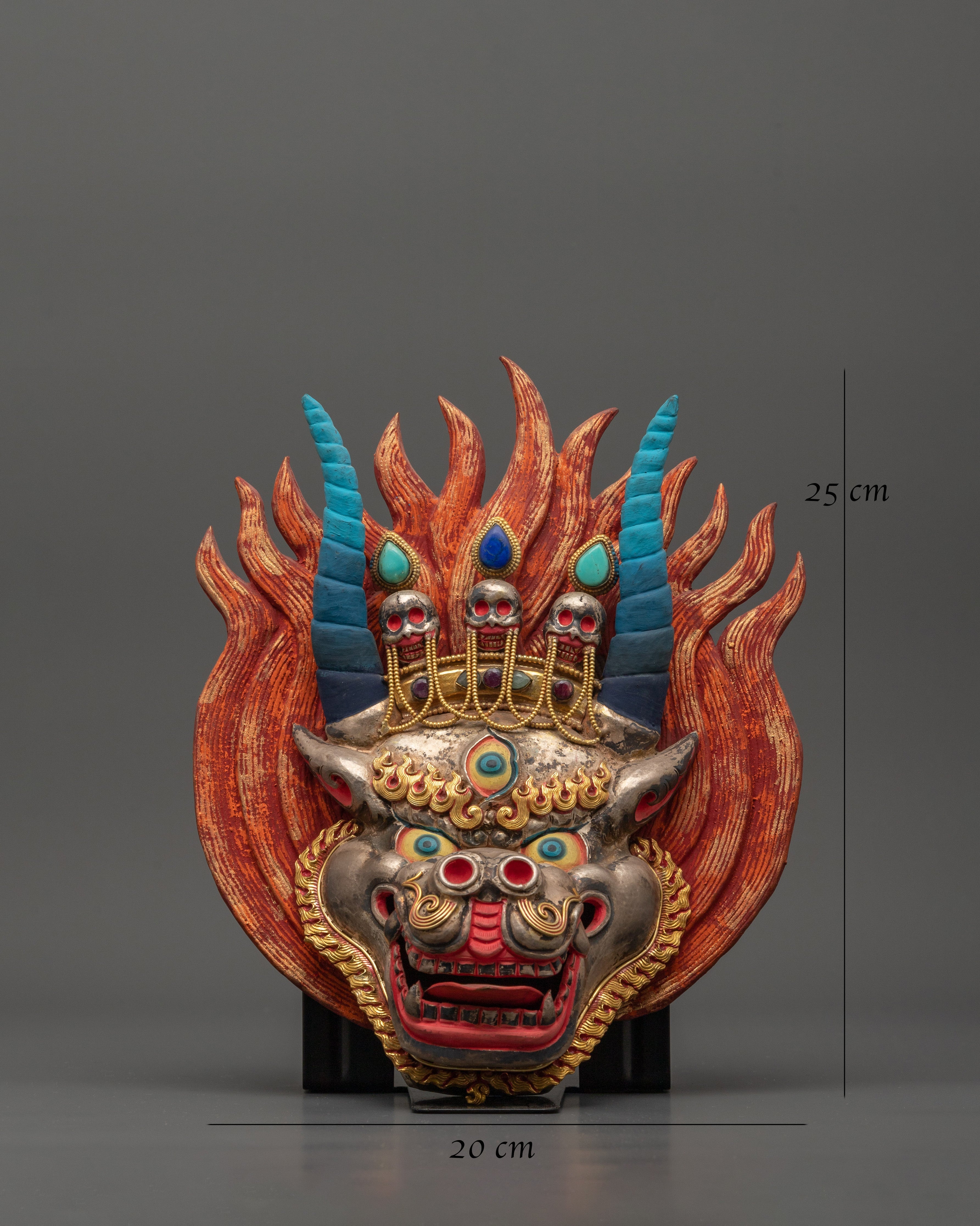Yamantaka Buddhist Protector Deity Wall Hanging | Silver & Gold-Plated Tibetan Mask