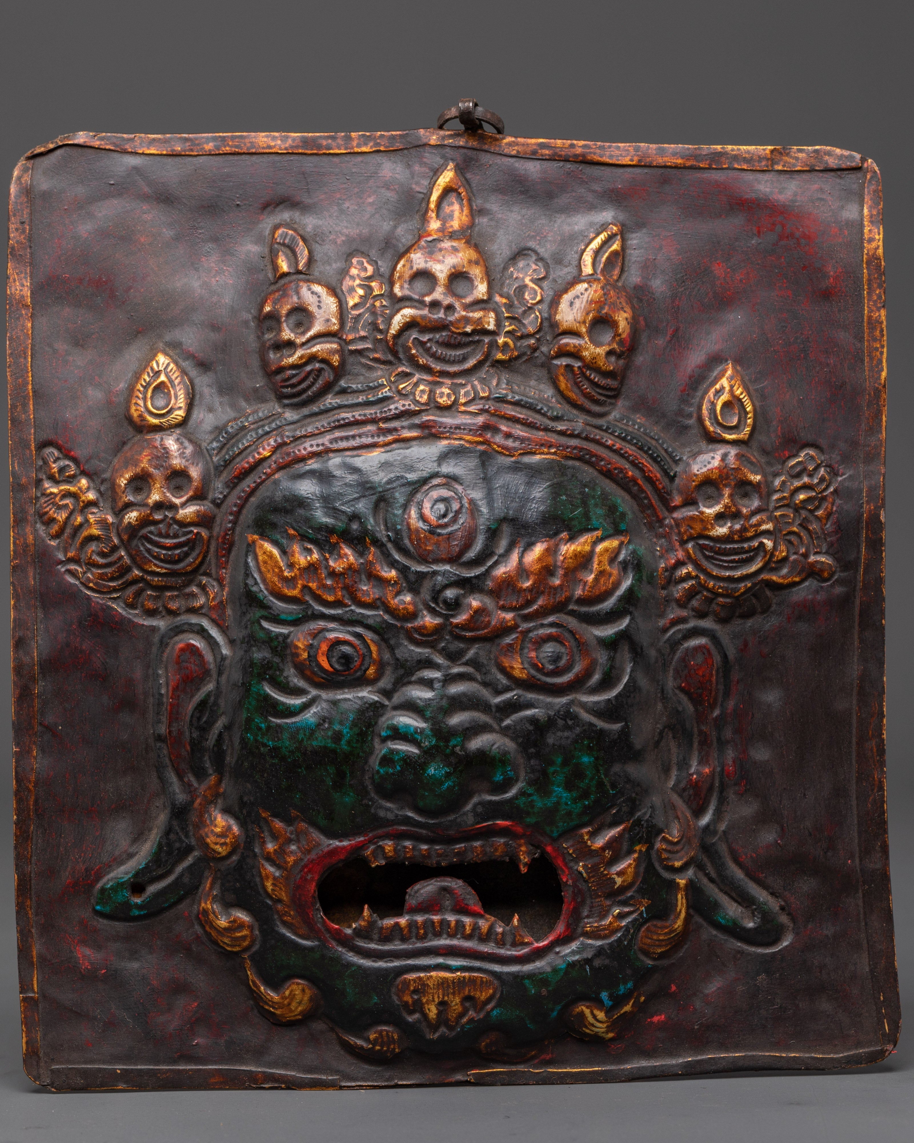 Buddhist Mahakala Wall Hanging Art | Handcrafted Brass Decor with Skull Motifs
