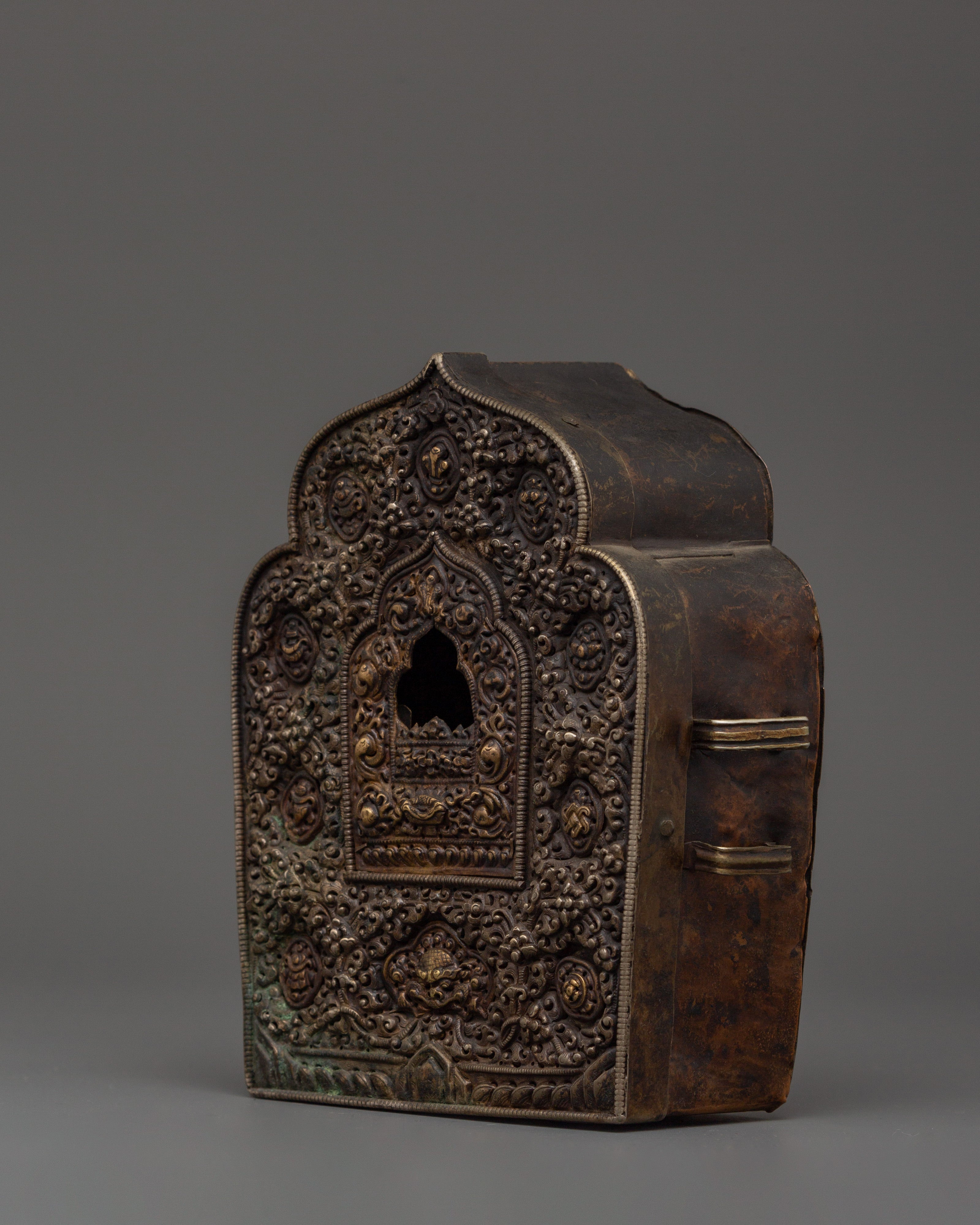 Handcrafted Tibetan Ghau Prayer Box | Brass, Silver & Copper Shrine with 8 Auspicious Symbols