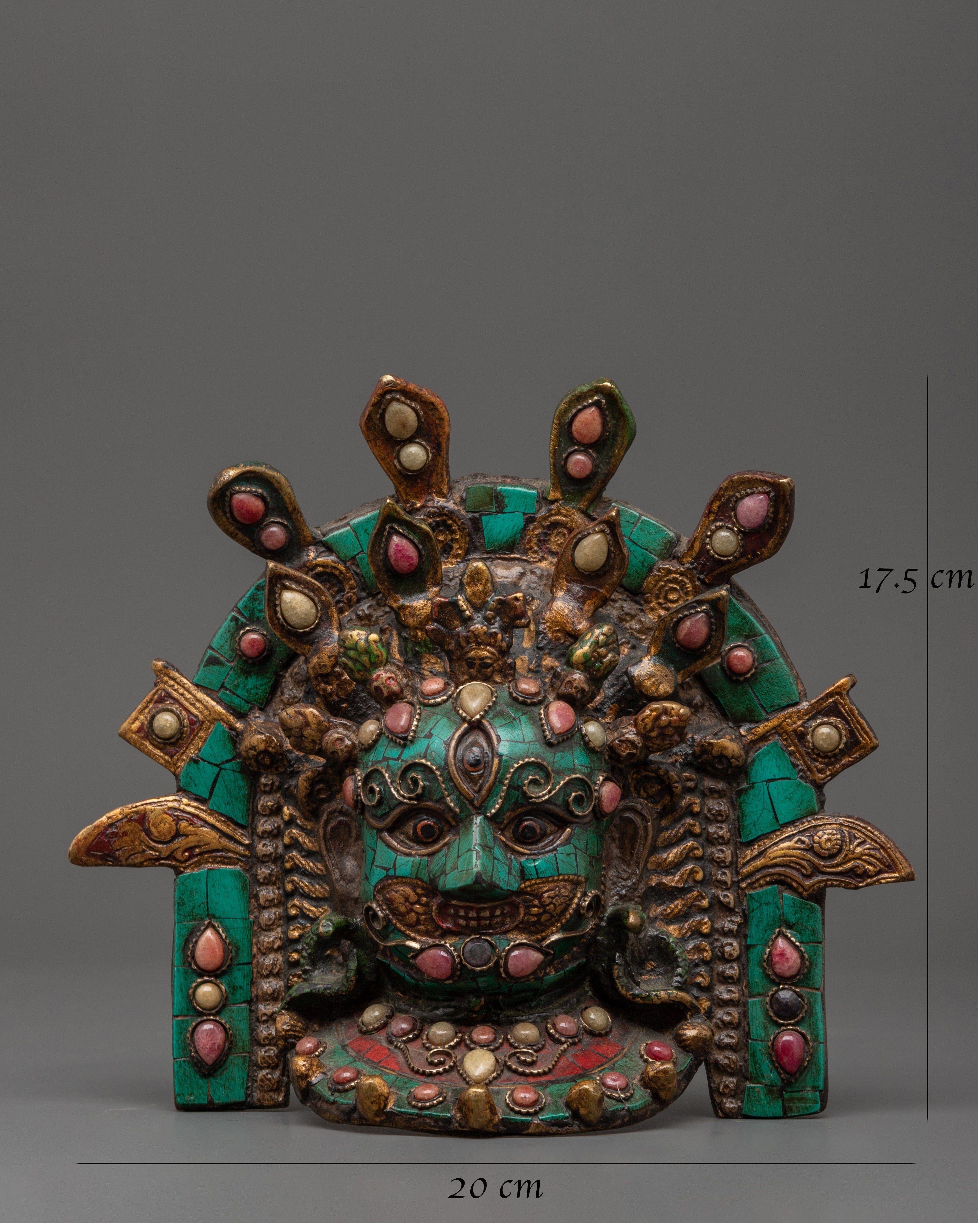 Turquoise Coral Wall Hanging Mask | Brass Decor for Sacred Spaces