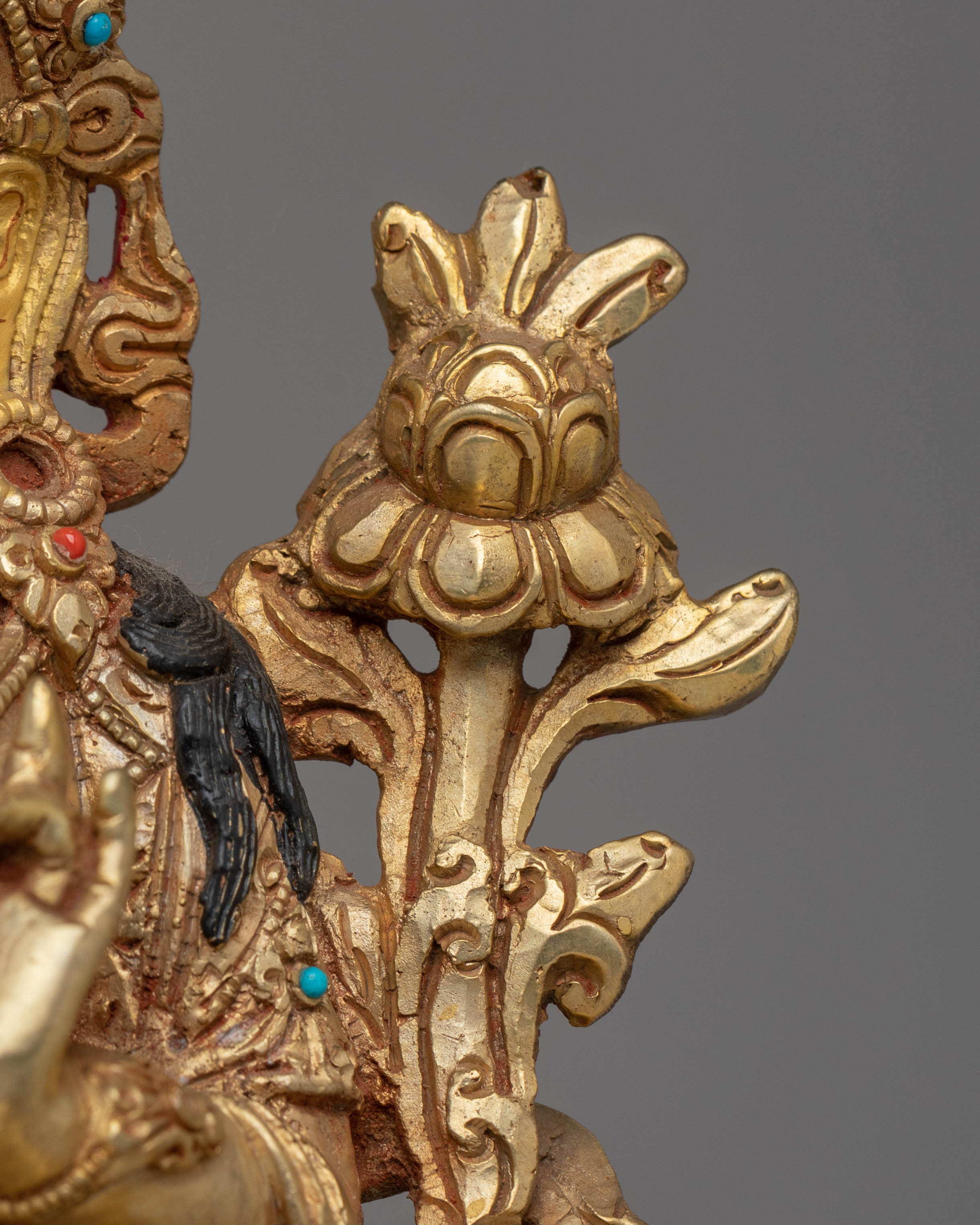 Handcrafted Green Tara Copper Statue with Spiritual Motifs