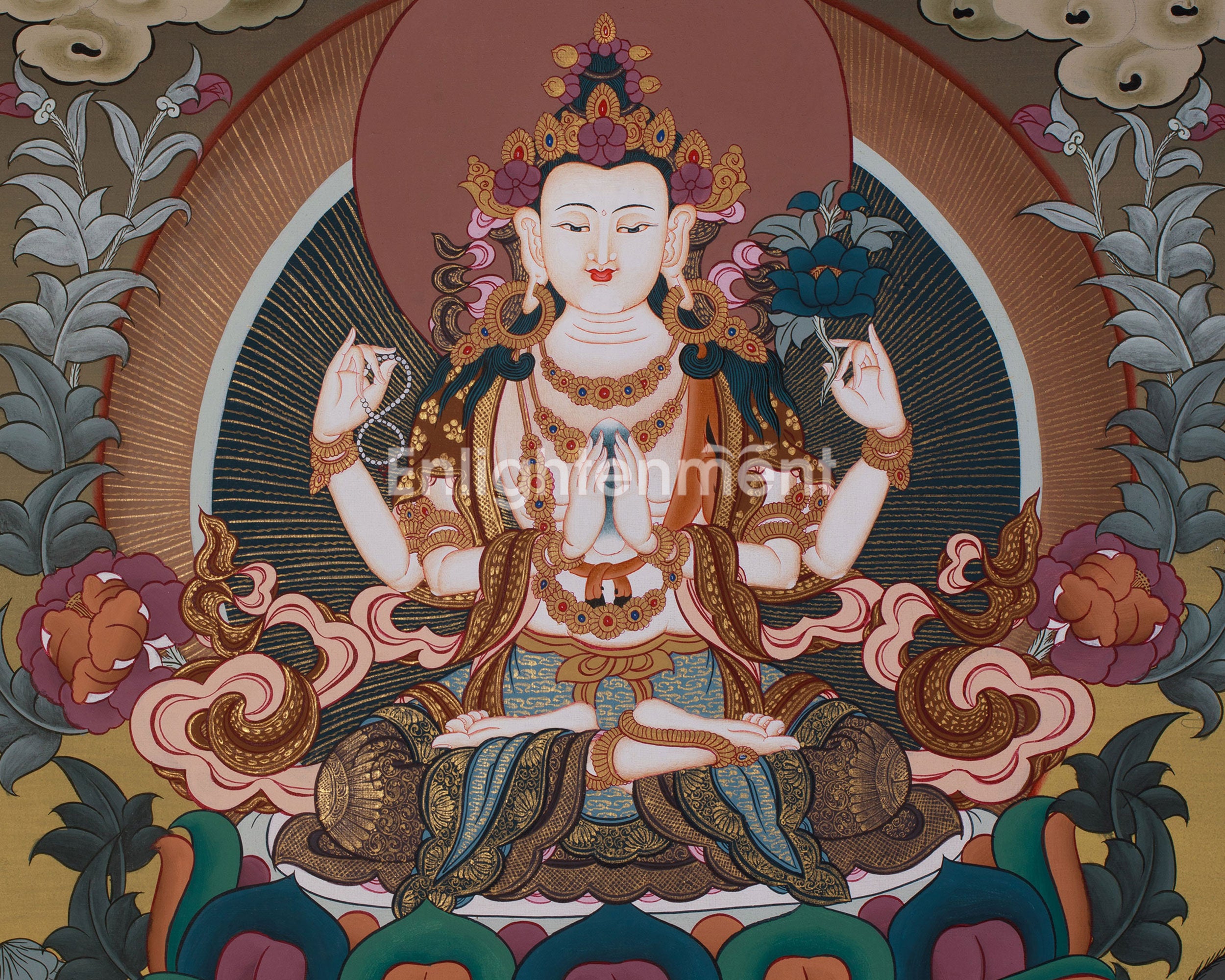 Four-Armed Compassionate Chenrezig Thangka | Hand-Painted Compassion Deity Art